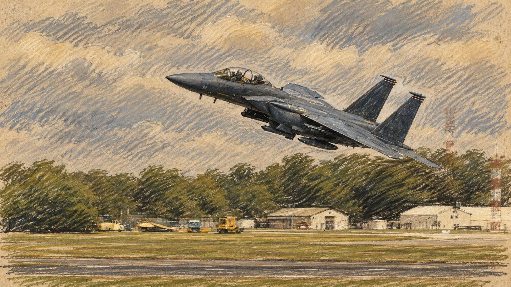 Courtroom-sketch editorial illustration of an F-15 taking off above the runway at RAF Fairford, based on an archival 2022 photograph of the airfield for context, not the September 2026 arrests or bail decision, rendered in warm ochre and slate-blue pastel strokes.