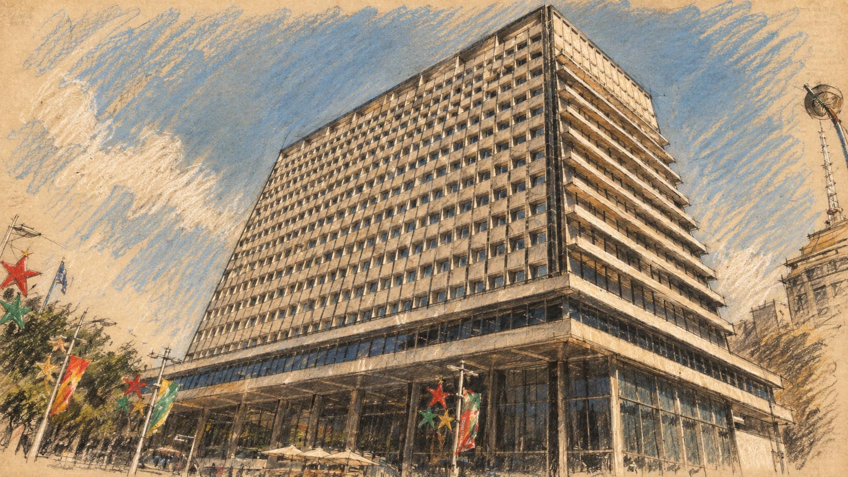 Courtroom-sketch editorial illustration of the Reserve Bank of Australia's Sydney headquarters on Martin Place, viewed from below; archival institutional context, not a depiction of the September 2026 rate decision, rendered in warm ochre and slate-blue pastel strokes.
