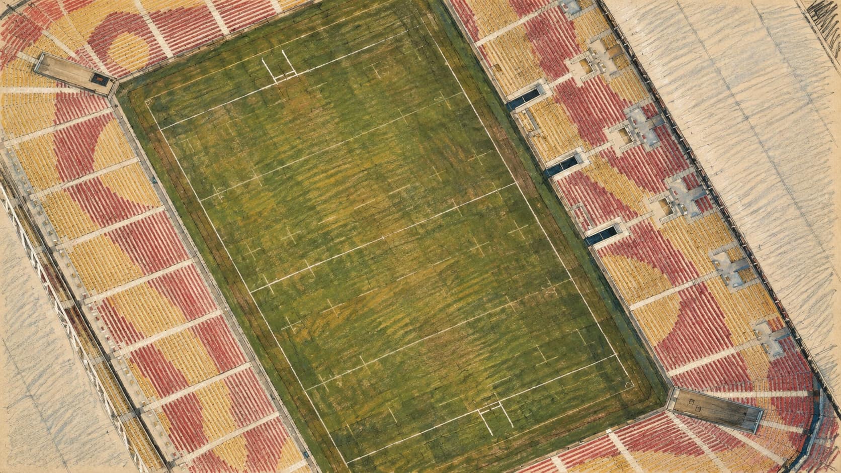 Courtroom-sketch editorial illustration of an archival aerial view of Suncorp Stadium's empty field and red-and-yellow seating in Brisbane; venue context, not a depiction of the Brazil–Australia match, rendered in warm ochre and slate-blue pastel strokes.