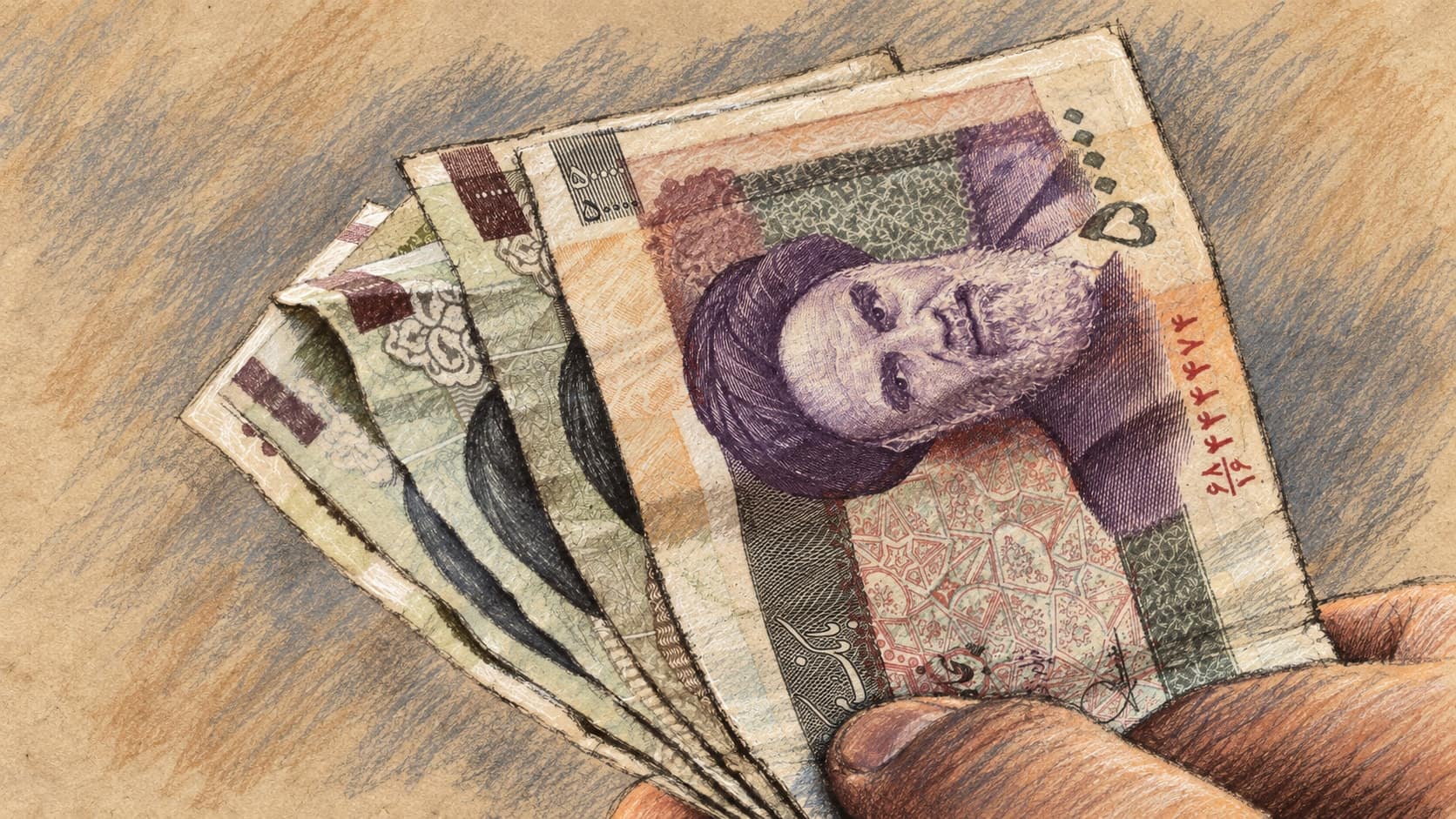 Courtroom-sketch editorial illustration of a hand holding Iranian rial banknotes; contextual currency image, not a depiction of the September 29 exchange-rate transaction, rendered in warm ochre and slate-blue pastel strokes.