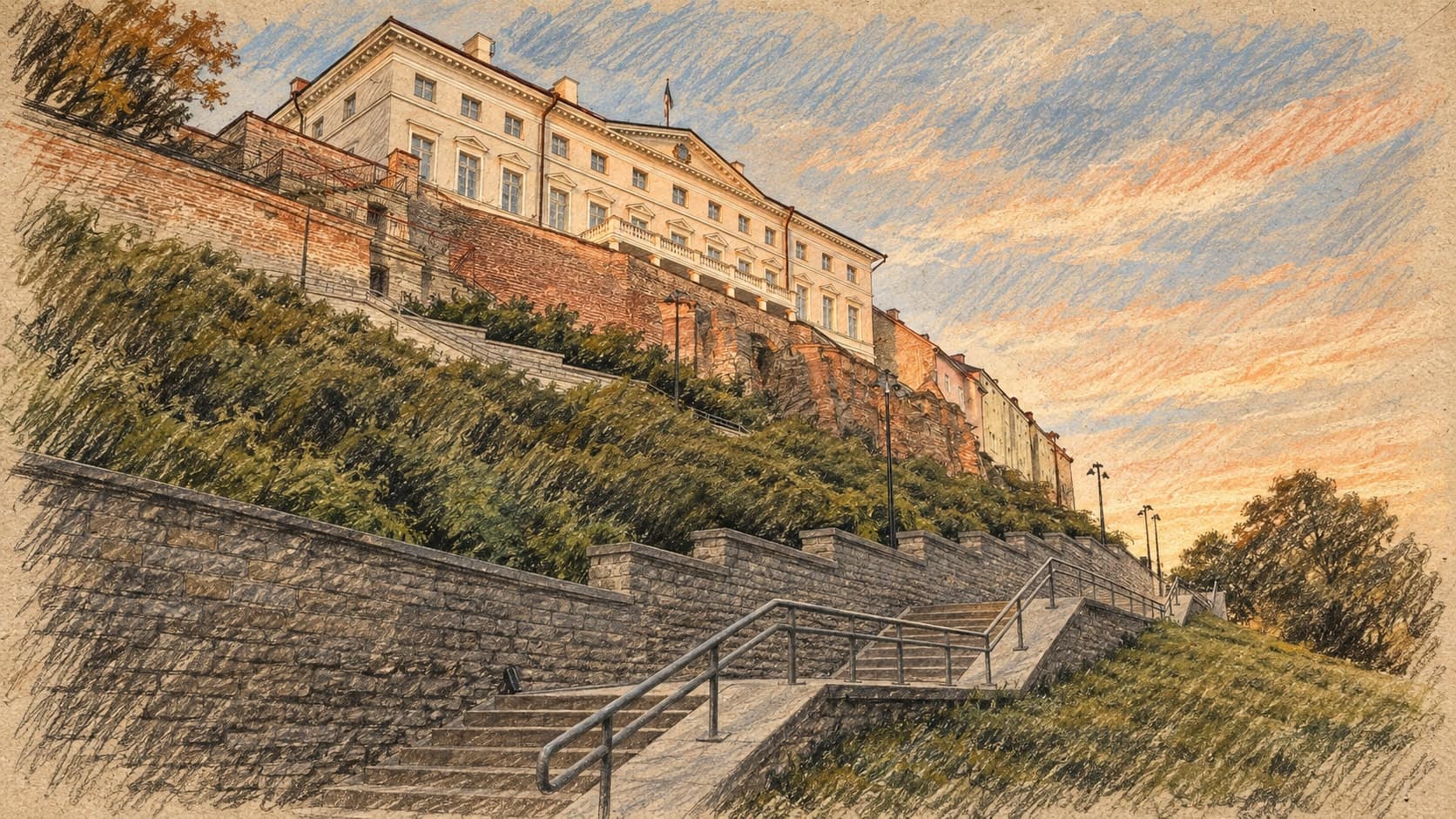 Courtroom-sketch editorial illustration of Stenbock House and Patkul Stairs in Tallinn; archival government context, not a depiction of the reported arson or investigation, rendered in warm ochre and slate-blue pastel strokes.