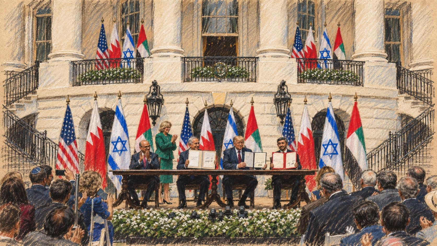 Courtroom-sketch editorial illustration of the archival 2020 Abraham Accords signing at the White House, with Israeli and UAE flags and officials at a signing table; diplomatic context, not a depiction of the September 2026 Abu Dhabi visit, rendered in warm ochre and slate-blue pastel strokes.