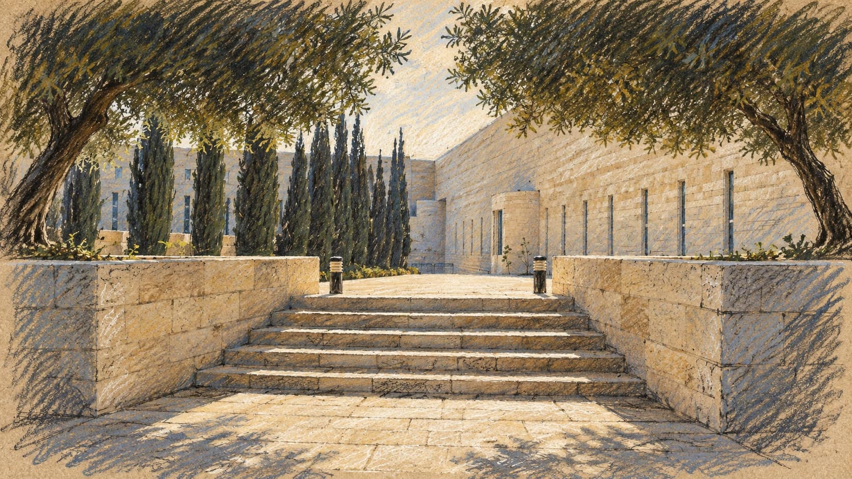 Courtroom-sketch editorial illustration of stone steps and trees outside Israel's Supreme Court building in Jerusalem; archival institutional context, not a depiction of the September 2026 court proceeding, rendered in warm ochre and slate-blue pastel strokes.