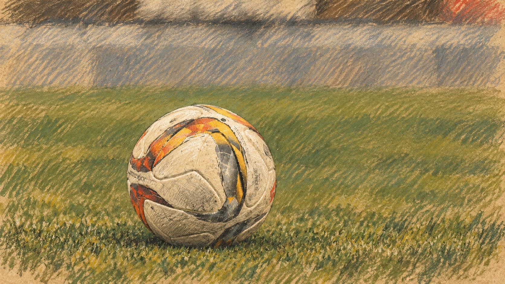 Courtroom-sketch editorial illustration of a football resting on grass, contextual football artwork based on a 2017 photograph rather than the 2026 Israel–Slovenia match, rendered in warm ochre and slate-blue pastel strokes.