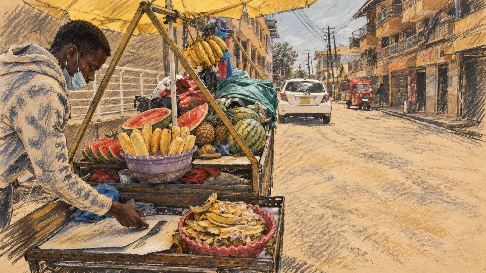 Courtroom-sketch editorial illustration of a Kenyan fruit vendor beside a street; archival context, not a depiction of the September 2026 KeNHA notice or the four named road reserves, rendered in warm ochre and slate-blue pastel strokes.