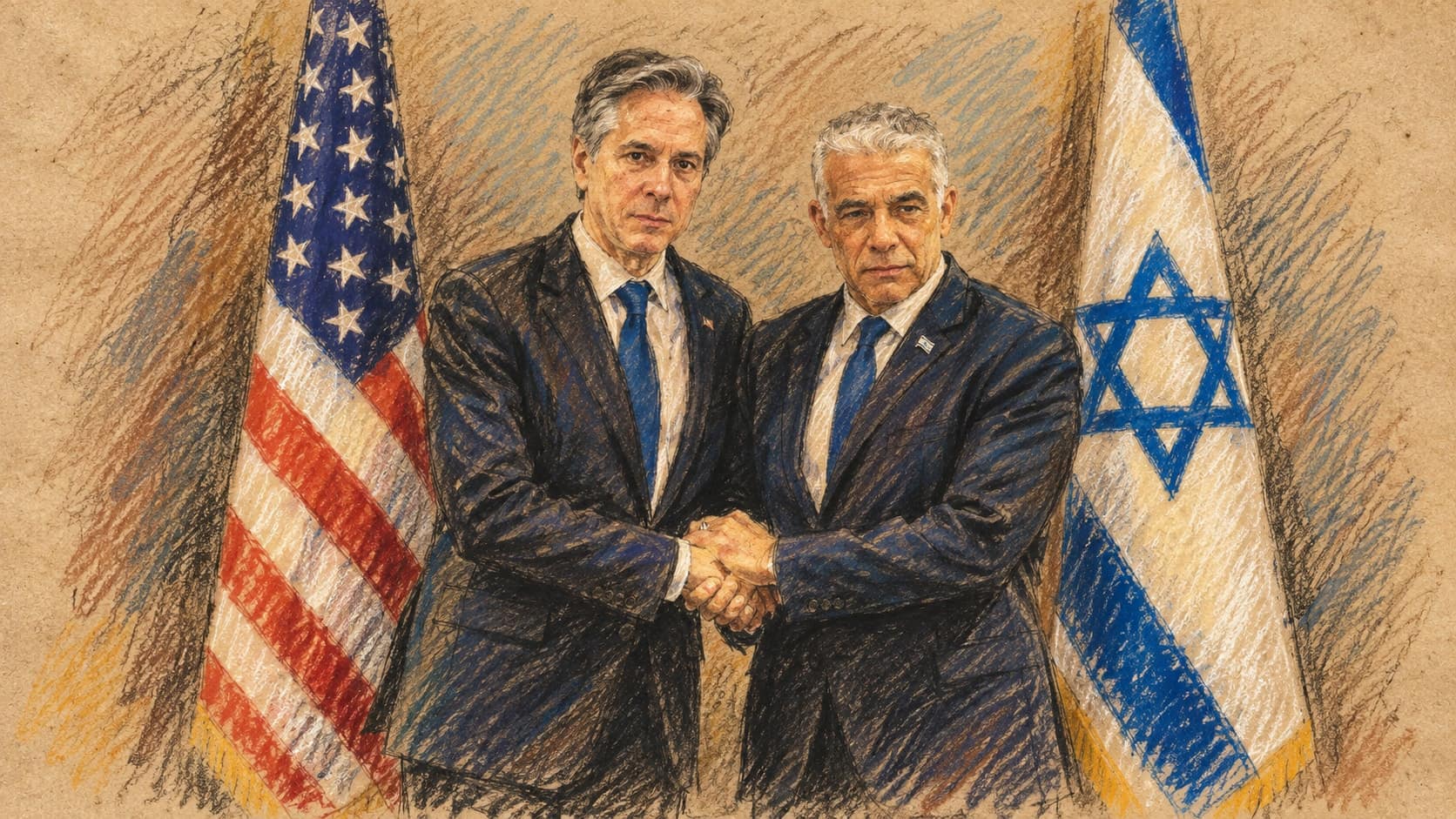 Courtroom-sketch editorial illustration of Antony Blinken and Yair Lapid shaking hands between U.S. and Israeli flags in Tel Aviv; archival November 2023 actor context, not the September 2026 Netanyahu security briefing, rendered in warm ochre and slate-blue pastel strokes.