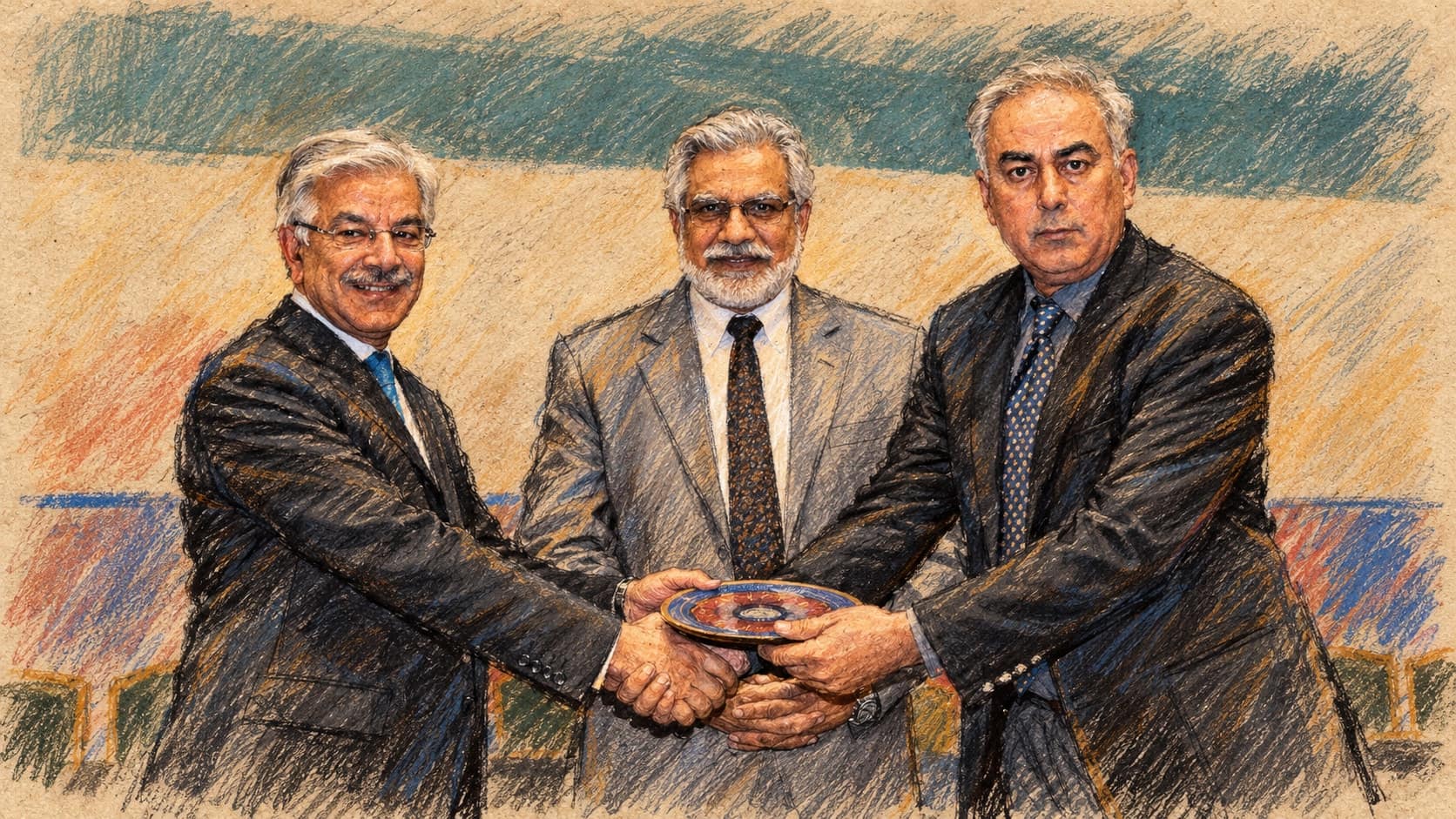 Courtroom-sketch editorial illustration of Khawaja Muhammad Asif at a 2015 conference with two other men; archival context, not a depiction of his 2026 Rome interview or Saudi defense pledge, rendered in warm ochre and slate-blue pastel strokes.