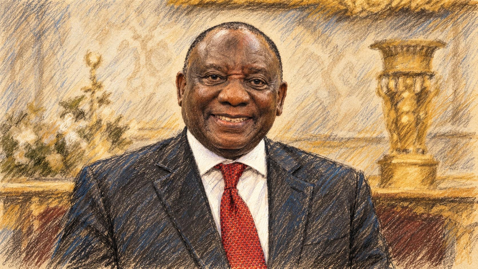 Courtroom-sketch editorial illustration of Cyril Ramaphosa in a dark suit and red tie in a formal interior, based on an archival 2025 portrait rather than the 2026 Ekurhuleni address, rendered in warm ochre and slate-blue pastel strokes.