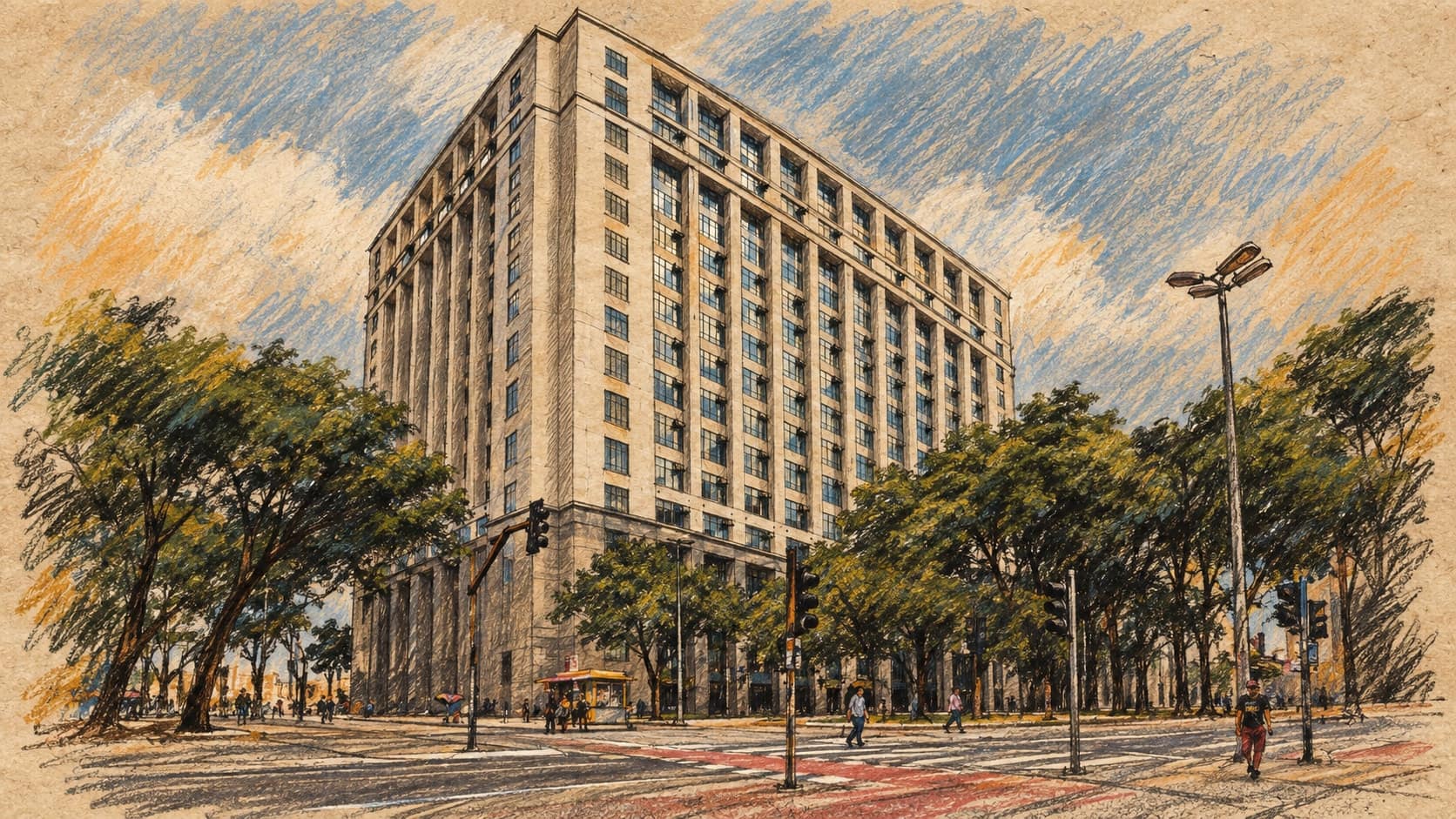 Courtroom-sketch editorial illustration of Fórum João Mendes Júnior, a São Paulo courthouse, behind street trees; based on a 2019 contextual photograph, not a depiction of the 2026 appeal hearing, rendered in warm ochre and slate-blue pastel strokes.