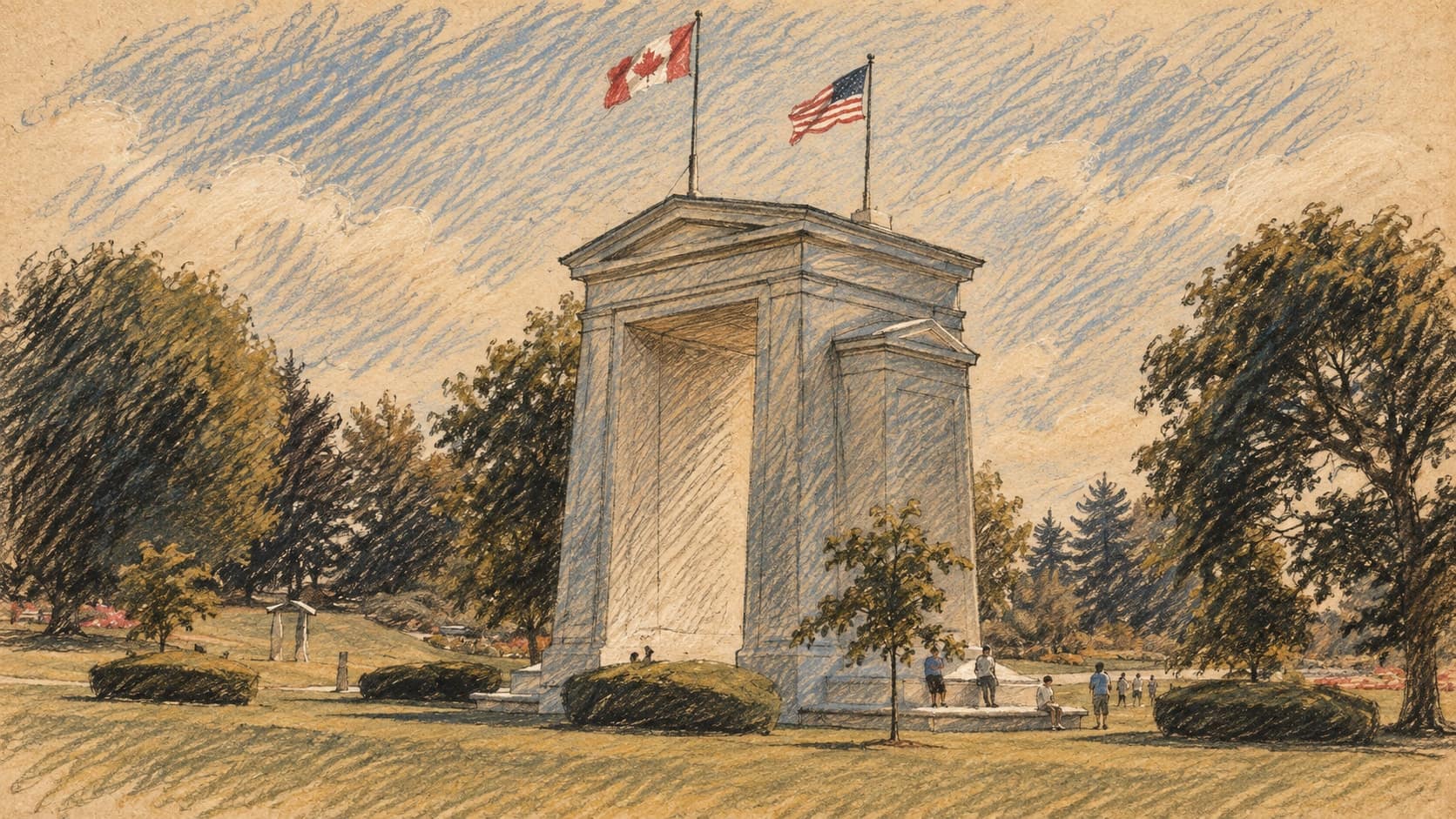 Courtroom-sketch editorial illustration of the Peace Arch with Canadian and U.S. flags; archival border context, not a depiction of the September 2026 U.S. policy taking effect, rendered in warm ochre and slate-blue pastel strokes.