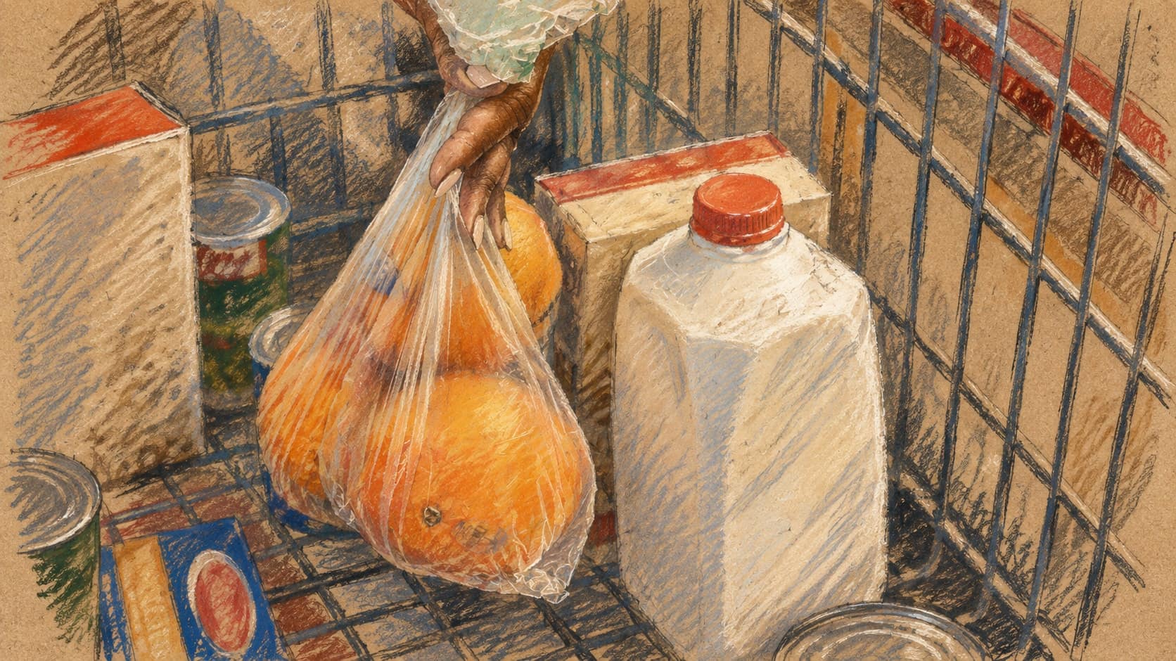 Courtroom-sketch editorial illustration of a shopper's hand placing bagged oranges into a grocery cart beside milk and other groceries; archival U.S. shopping context from February 2025, not a depiction of the September 2026 confidence survey, rendered in warm ochre and slate-blue pastel strokes.
