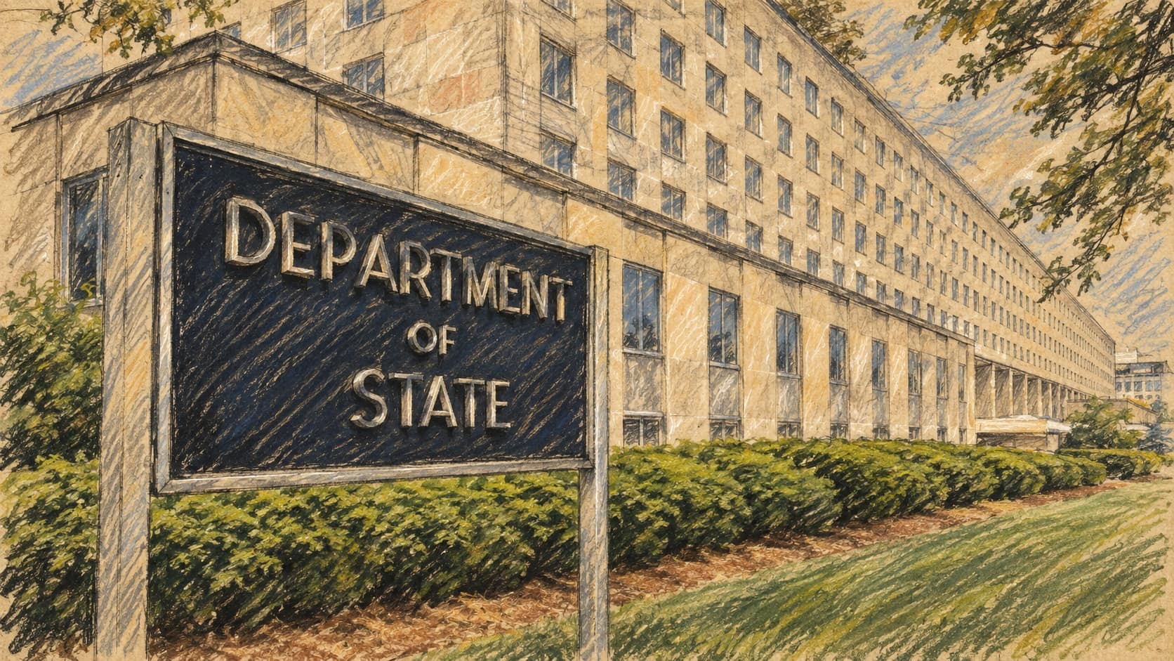Courtroom-sketch editorial illustration of the U.S. State Department headquarters and entrance sign in Washington; archival institutional context, not a depiction of the September 2026 visa action, rendered in warm ochre and slate-blue pastel strokes.