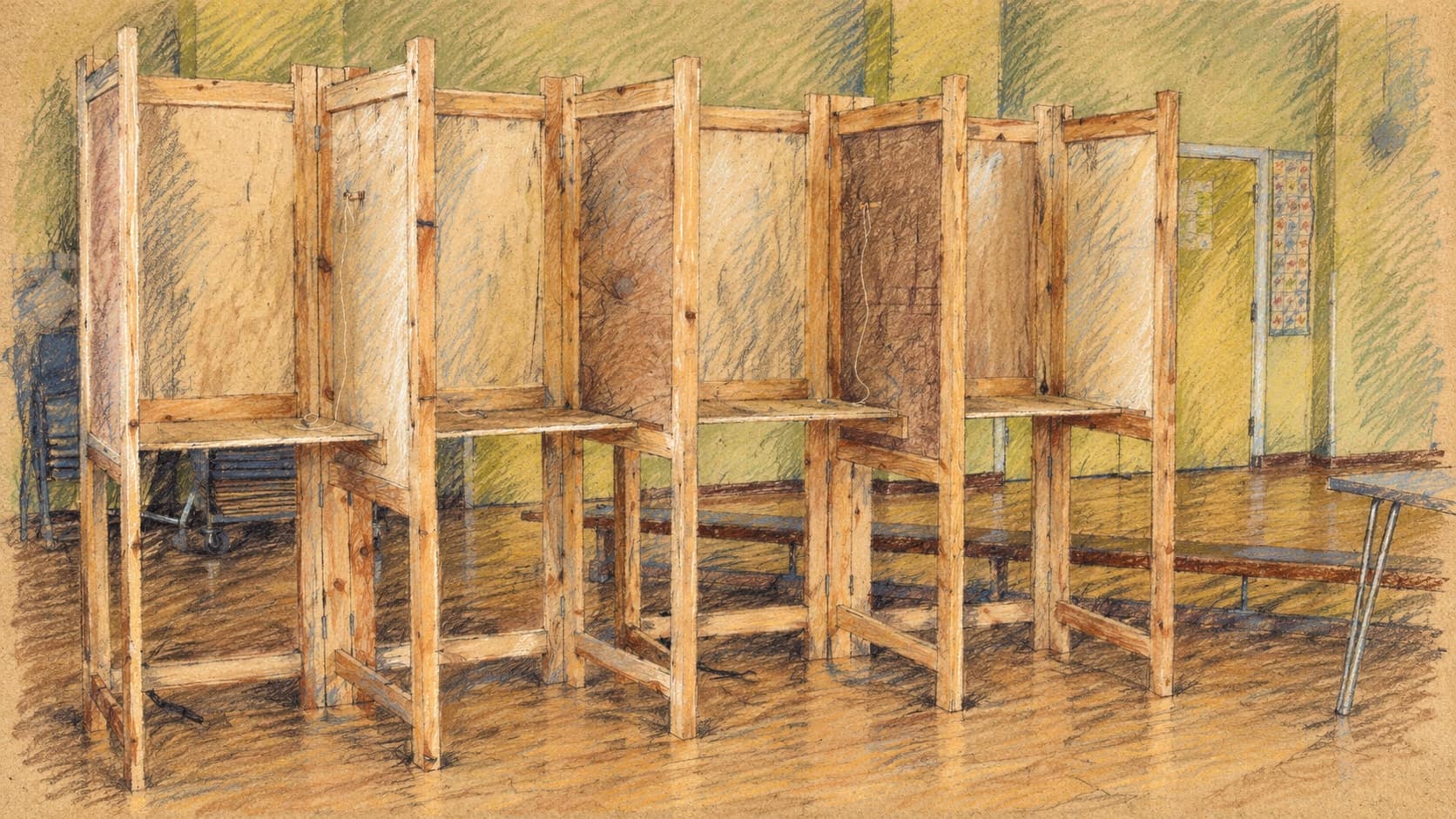 Courtroom-sketch editorial illustration of four empty wooden voting booths in an archival UK polling room, electoral-system context rather than Burnham's 2026 conference speech, rendered in warm ochre and slate-blue pastel strokes.