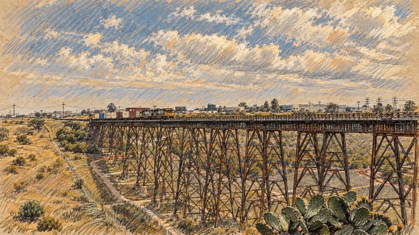 Courtroom-sketch editorial illustration of a freight train on the existing Albion / Maribyrnong River steel viaduct in Melbourne, with a valley path and cactus foreground, based on a December 2023 photograph; archival rail-corridor context, not a depiction of the proposed airport rail construction, rendered in warm ochre and slate-blue pastel strokes.