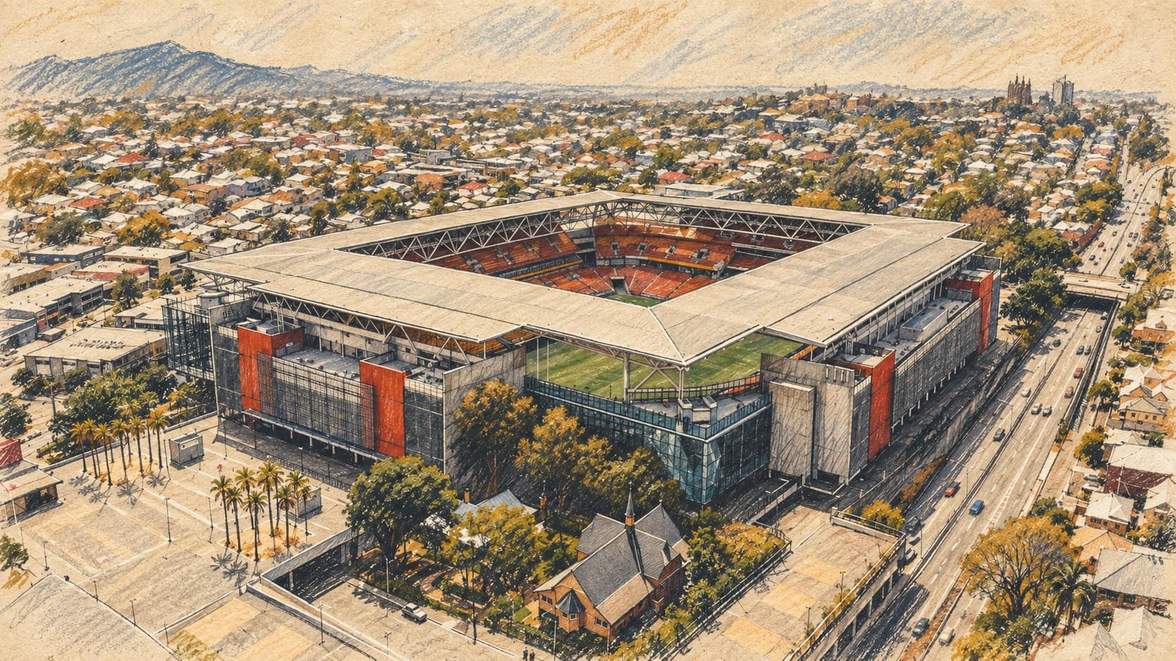 Courtroom-sketch editorial illustration of Brisbane's existing Suncorp Stadium seen from above amid city neighborhoods, used as contextual stadium art rather than a view of the planned Victoria Park venue, rendered in warm ochre and slate-blue pastel strokes.
