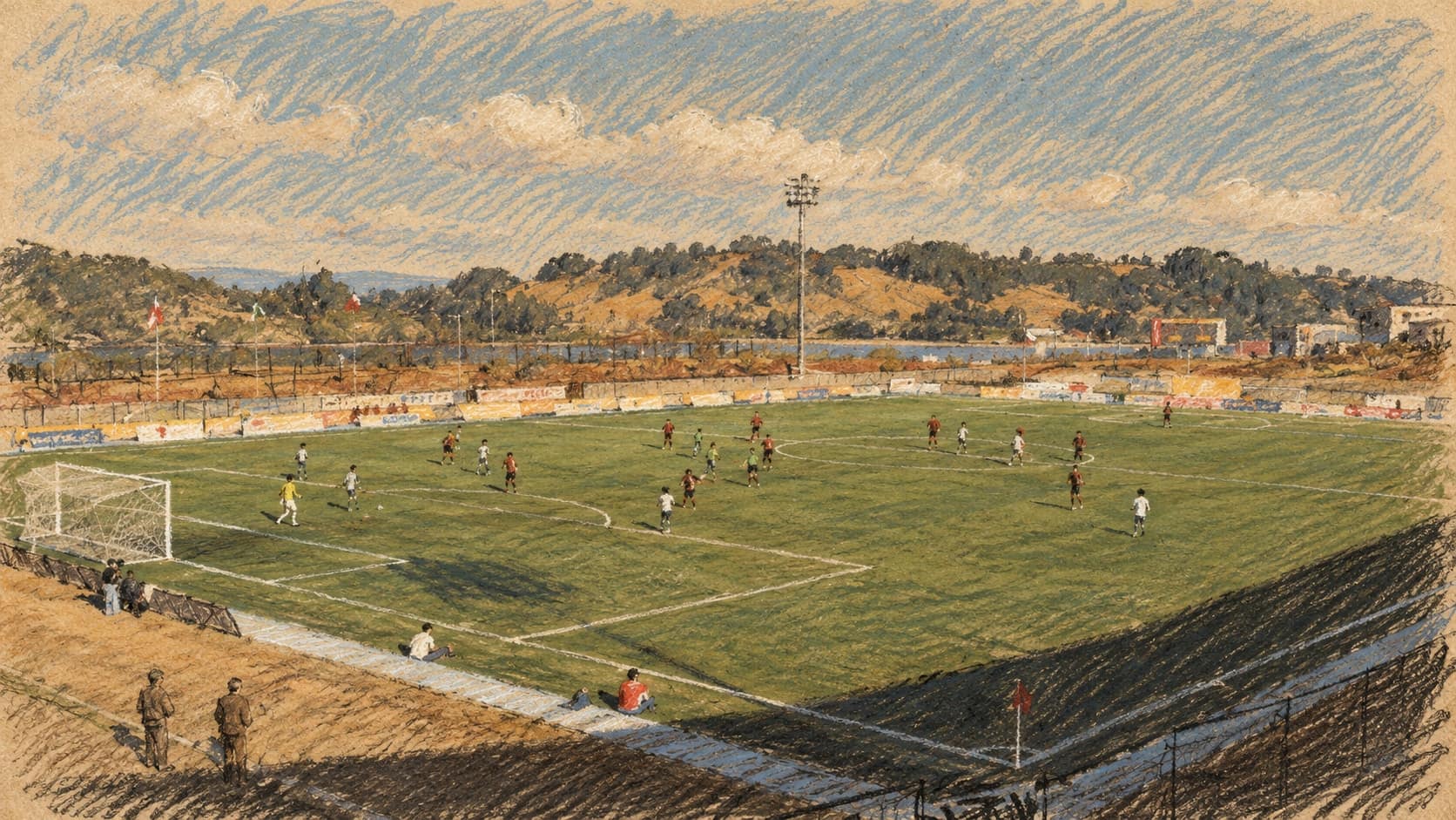 Courtroom-sketch editorial illustration of Estadio Chinquihue from an archival photograph, with a football match on the pitch and low hills beyond; contextual venue art rather than the September 2026 Colo Colo–Puerto Montt match, rendered in warm ochre and slate-blue pastel strokes.