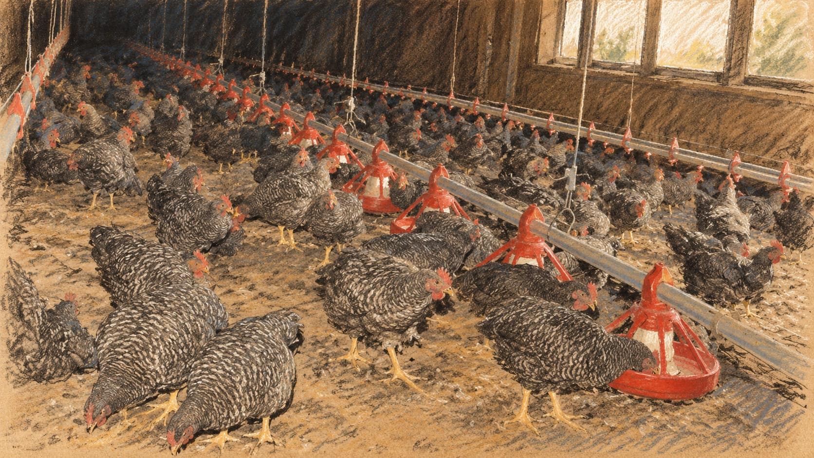 Courtroom-sketch editorial illustration of an archival U.S. chicken-house flock with hanging feeders and windows, providing poultry context for Brazil–EU trade talks; it does not depict a Brazilian farm or the September 2026 meeting or audit, rendered in warm ochre and slate-blue pastel strokes.