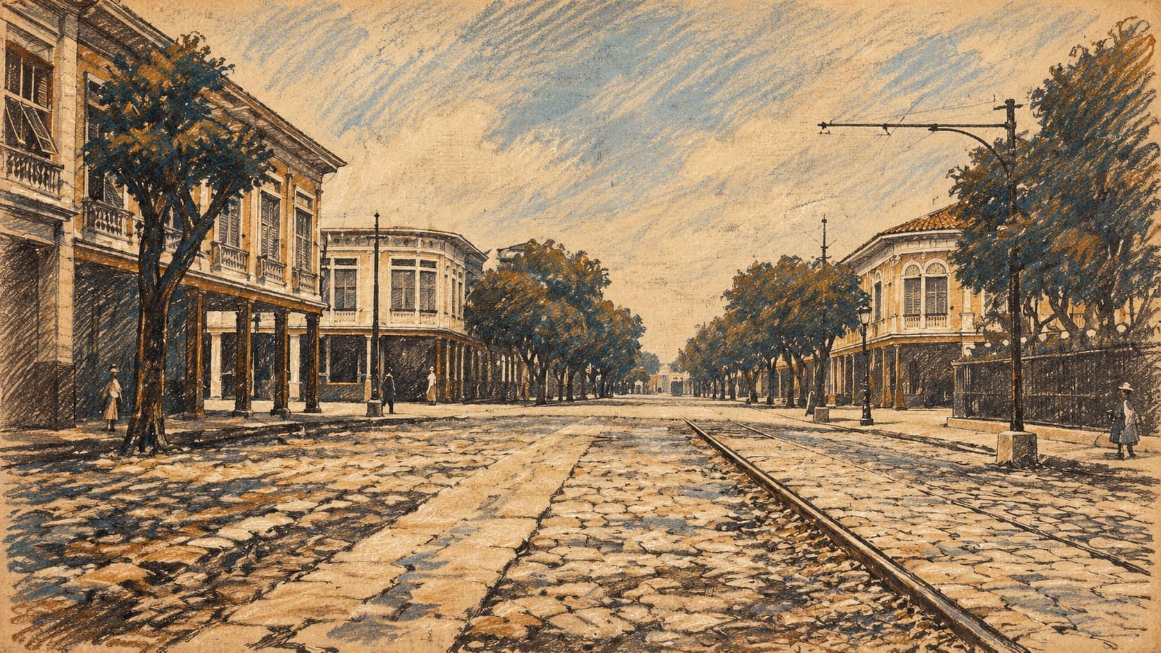 Courtroom-sketch editorial illustration of a historical Guayaquil street with tram tracks, veranda-fronted buildings and trees, based on an archival circa 1920–1925 photograph; city context, not the September 2026 airport arrival or detention, rendered in warm ochre and slate-blue pastel strokes.