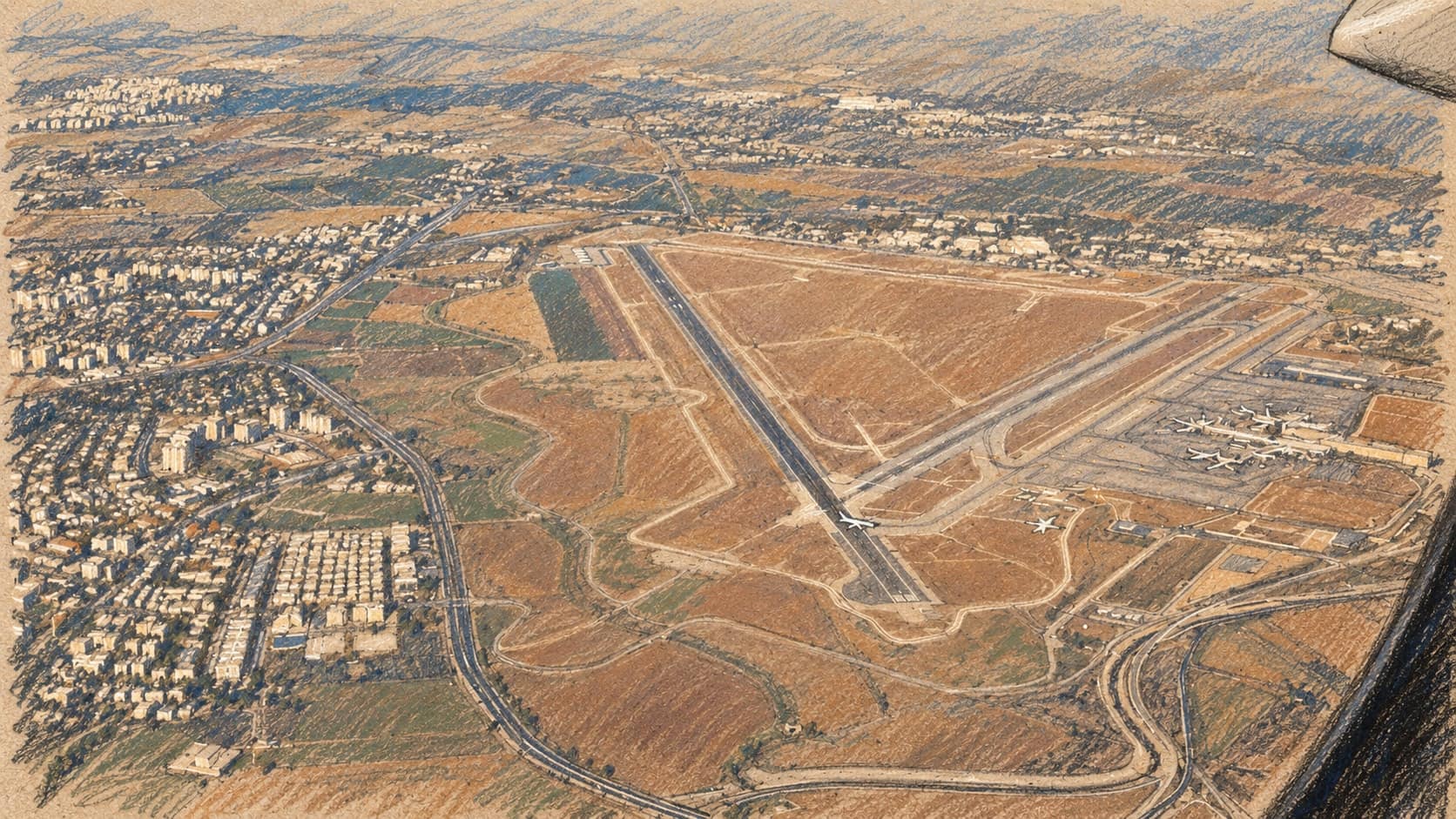 Courtroom-sketch editorial illustration of an archival 2007 aerial view of Ben Gurion Airport's runways and taxiways amid surrounding roads, fields and neighborhoods; geographic airport context, not a depiction of flight FZ 1073 or the September 2026 incident, rendered in warm ochre and slate-blue pastel strokes.