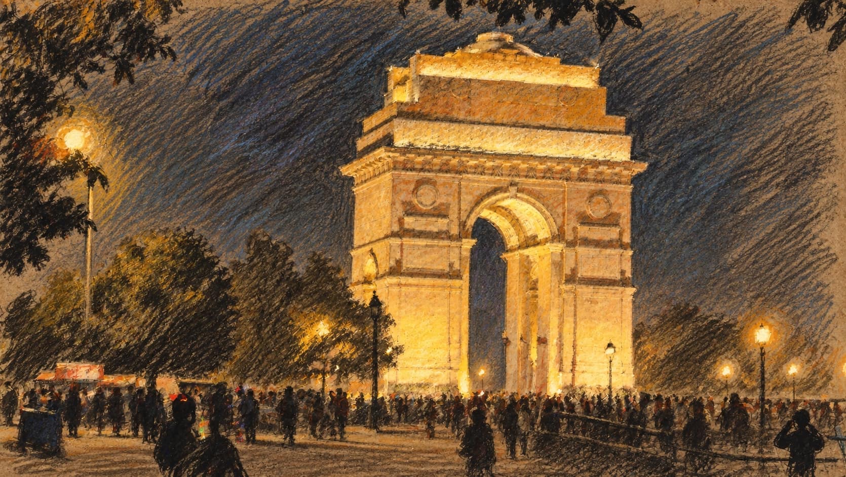 Courtroom-sketch editorial illustration of illuminated India Gate in New Delhi at night, with tree branches, streetlights and visitor silhouettes, based on an archival December 2011 photograph; geographic context, not Constitution Club, opposition leaders, a protest or the September 2026 meeting, rendered in warm ochre and slate-blue pastel strokes.