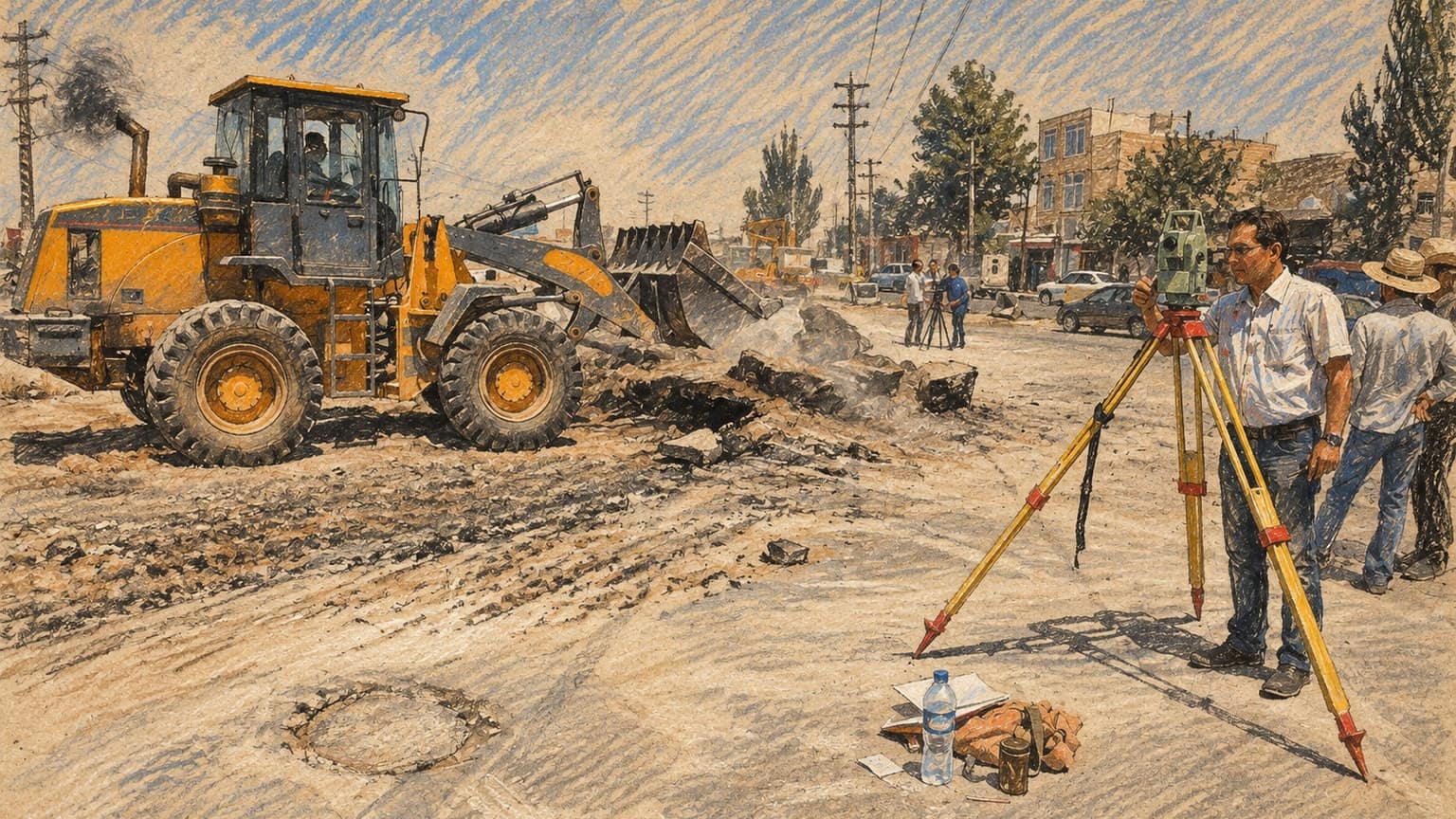 Courtroom-sketch editorial illustration of roadworks on a Mashhad street, with a wheel loader on the left and a surveyor beside a tripod on the right, based on an archival May 2013 photograph; geographic context with unrelated people, not a depiction of the executed men, January 2026 protests, detention or executions, rendered in warm ochre and slate-blue pastel strokes.