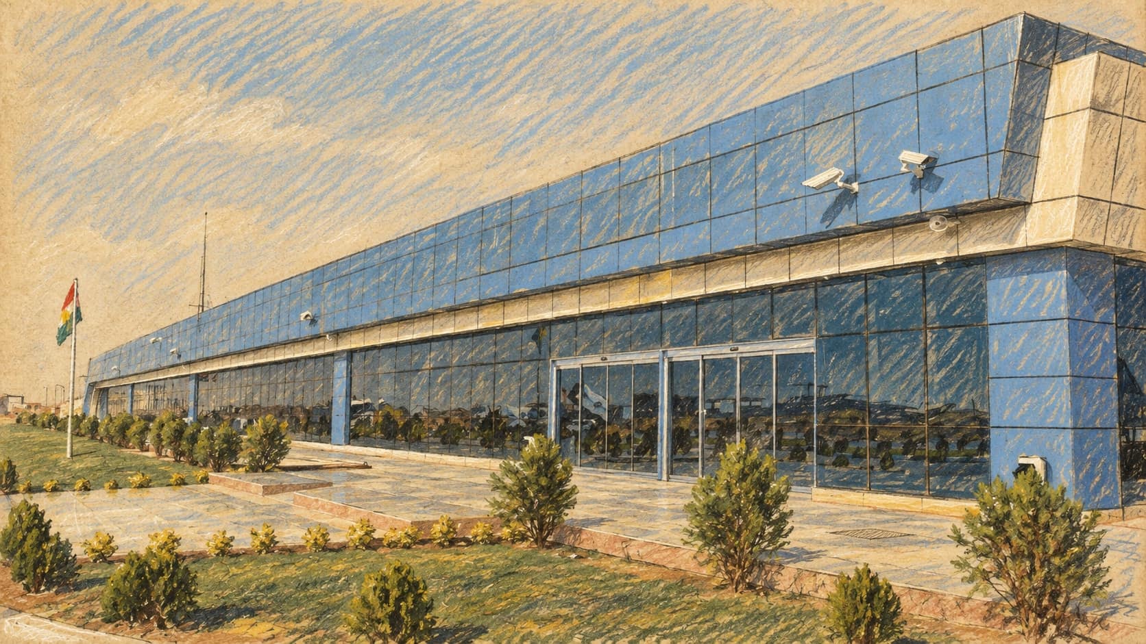 Courtroom-sketch editorial illustration of the old Erbil airport terminal with its blue-paneled glass facade and garden, based on an archival May 2010 photograph; contextual location art rather than a depiction of the September 2026 coalition withdrawal, rendered in warm ochre and slate-blue pastel strokes.