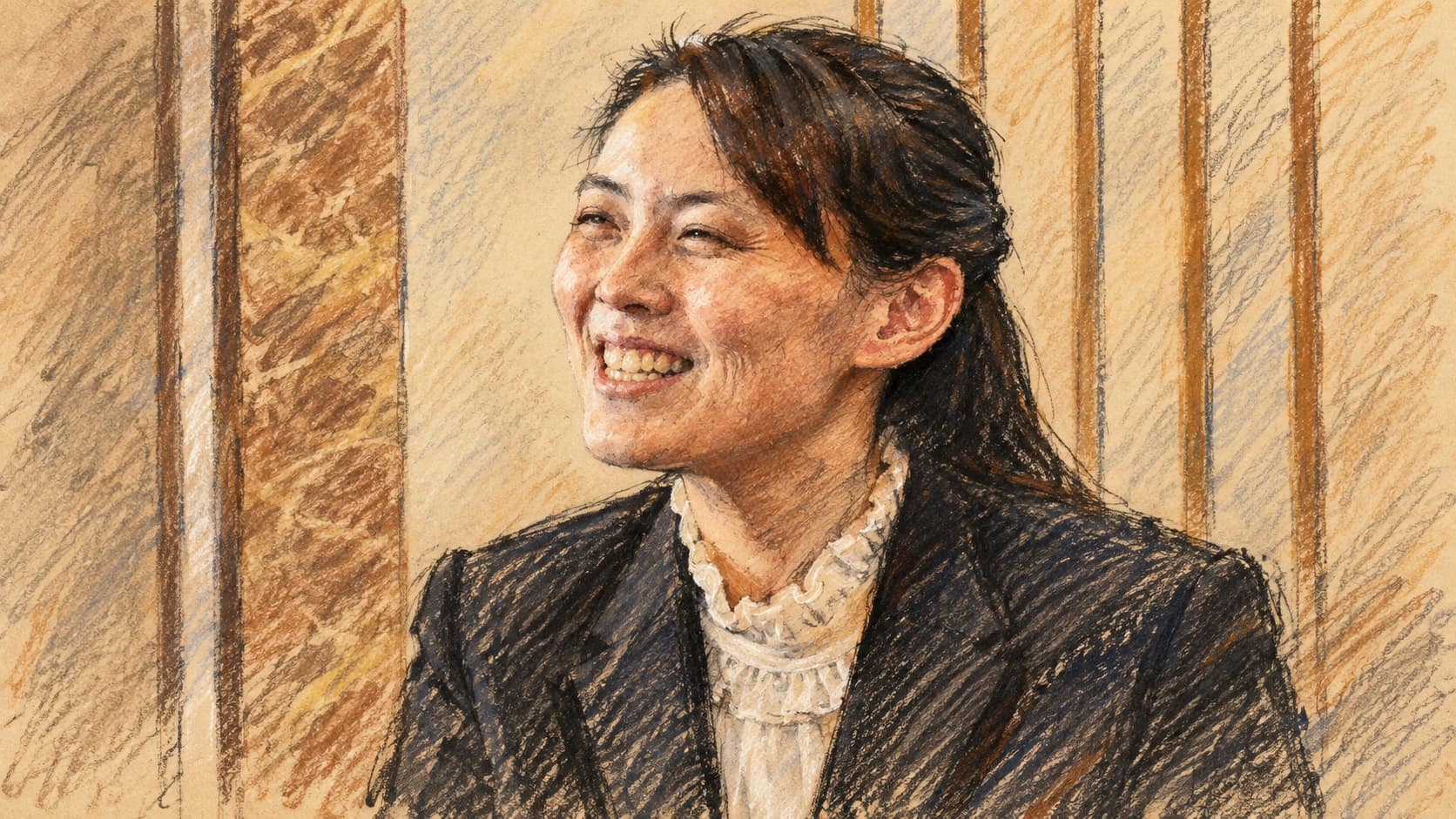 Courtroom-sketch editorial illustration of Kim Yo Jong in a dark jacket and white blouse, based on an archival 2018 portrait rather than the September 2026 DMZ statement, rendered in warm ochre and slate-blue pastel strokes.