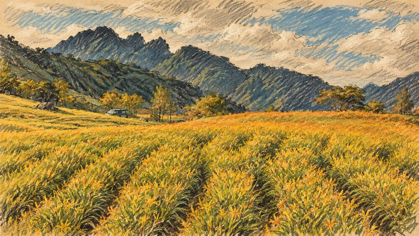 Courtroom-sketch editorial illustration of an archival 2016 landscape at Liushishi Mountain in Hualien County, Taiwan, with flowering fields, trees and a mountain ridge; geographic context, not a depiction of the September 2026 earthquake or damage, rendered in warm ochre and slate-blue pastel strokes.