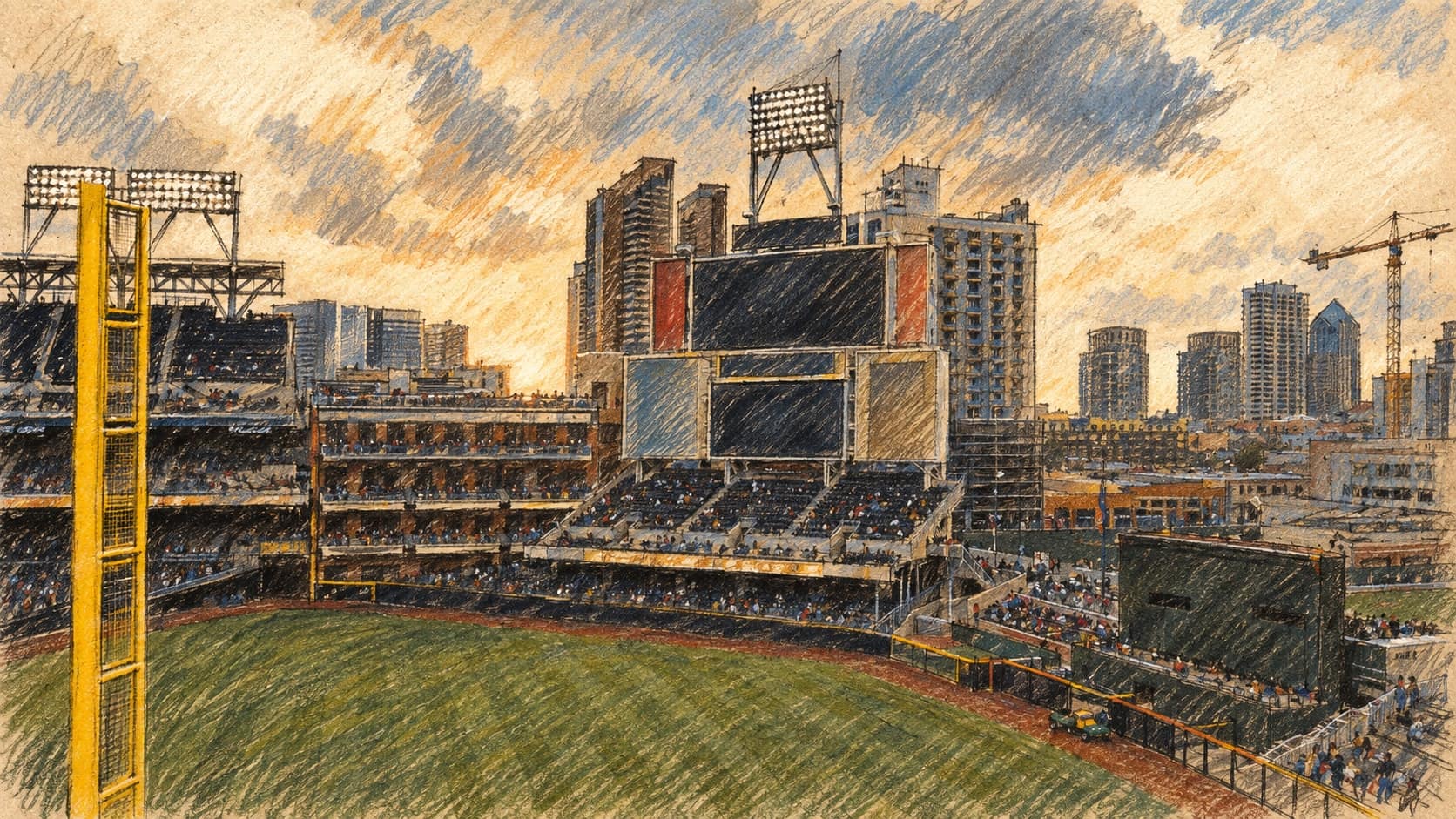 Courtroom-sketch editorial illustration of Petco Park’s outfield, yellow foul pole, scoreboard, light towers and San Diego skyline, based on an archival 2004 stadium photograph; location context, not a depiction of the September 2026 wild-card game, rendered in warm ochre and slate-blue pastel strokes.