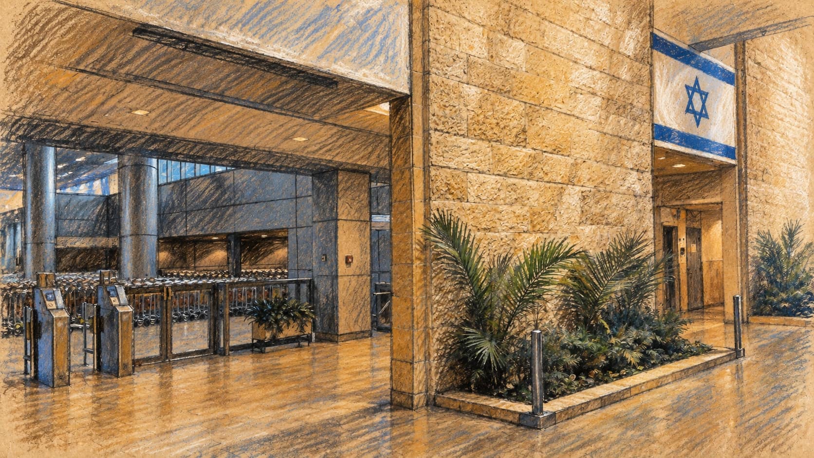 Courtroom-sketch editorial illustration of the baggage-claim entrance, central stone pier and palm planter at Ben Gurion Airport, with an Israeli flag by a doorway, based on an archival December 2015 photograph; airport context, not a depiction of the September 2026 cockpit incident or proposed flight suspension, rendered in warm ochre and slate-blue pastel strokes.