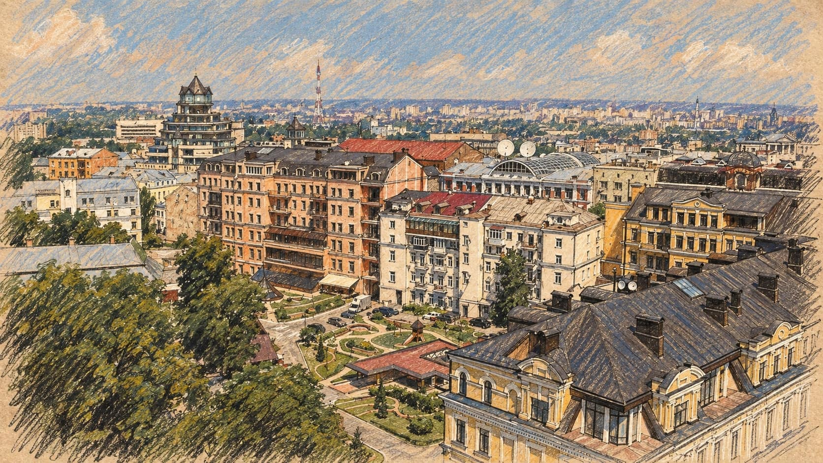 Courtroom-sketch editorial illustration of a contextual archival Kyiv city panorama from Saint Sophia Monastery in June 2006, showing intact rooftops, apartment buildings and courtyard greenery; this scene does not depict the September 2026 attack, rendered in warm ochre and slate-blue pastel strokes.