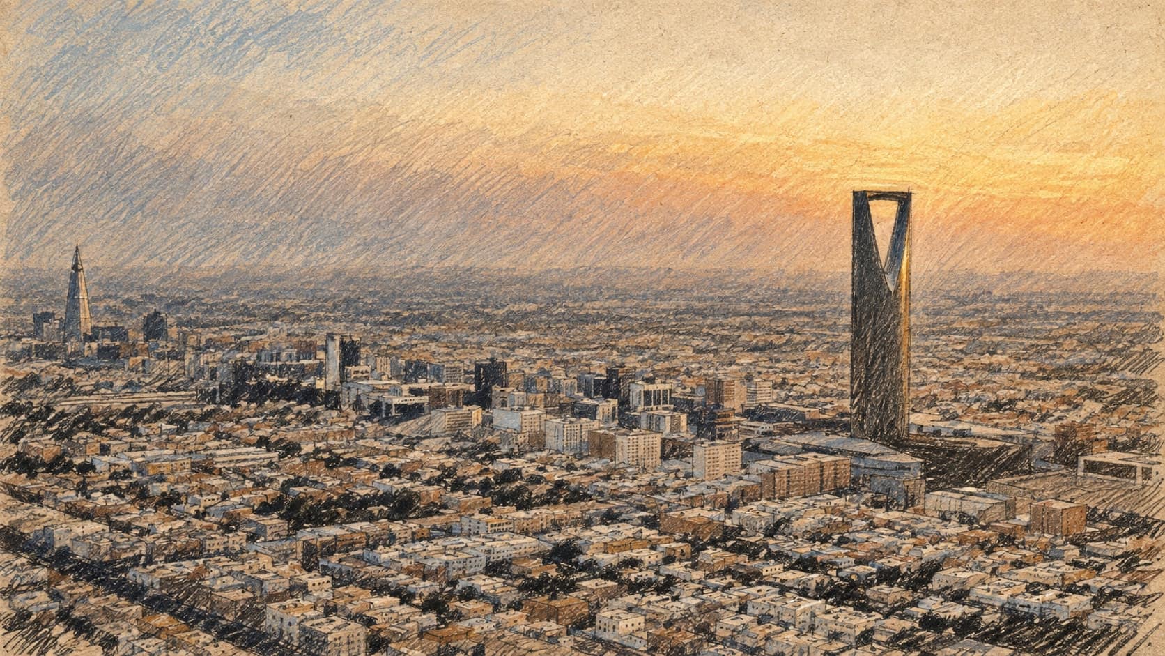 Courtroom-sketch editorial illustration of an archival Riyadh skyline at sunset, with dense low-rise buildings and Kingdom Centre on the right, based on a photograph uploaded in May 2009; geographic context, not the September 2026 budget announcement, rendered in warm ochre and slate-blue pastel strokes.