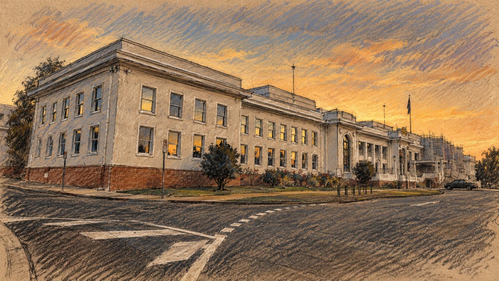 Courtroom-sketch editorial illustration of an archival 2015 exterior view of Old Parliament House in Canberra at dusk, with its white facade, trees and foreground roadway, rendered in warm ochre and slate-blue pastel strokes; historical Australian political context, not the reported interview or its venue.