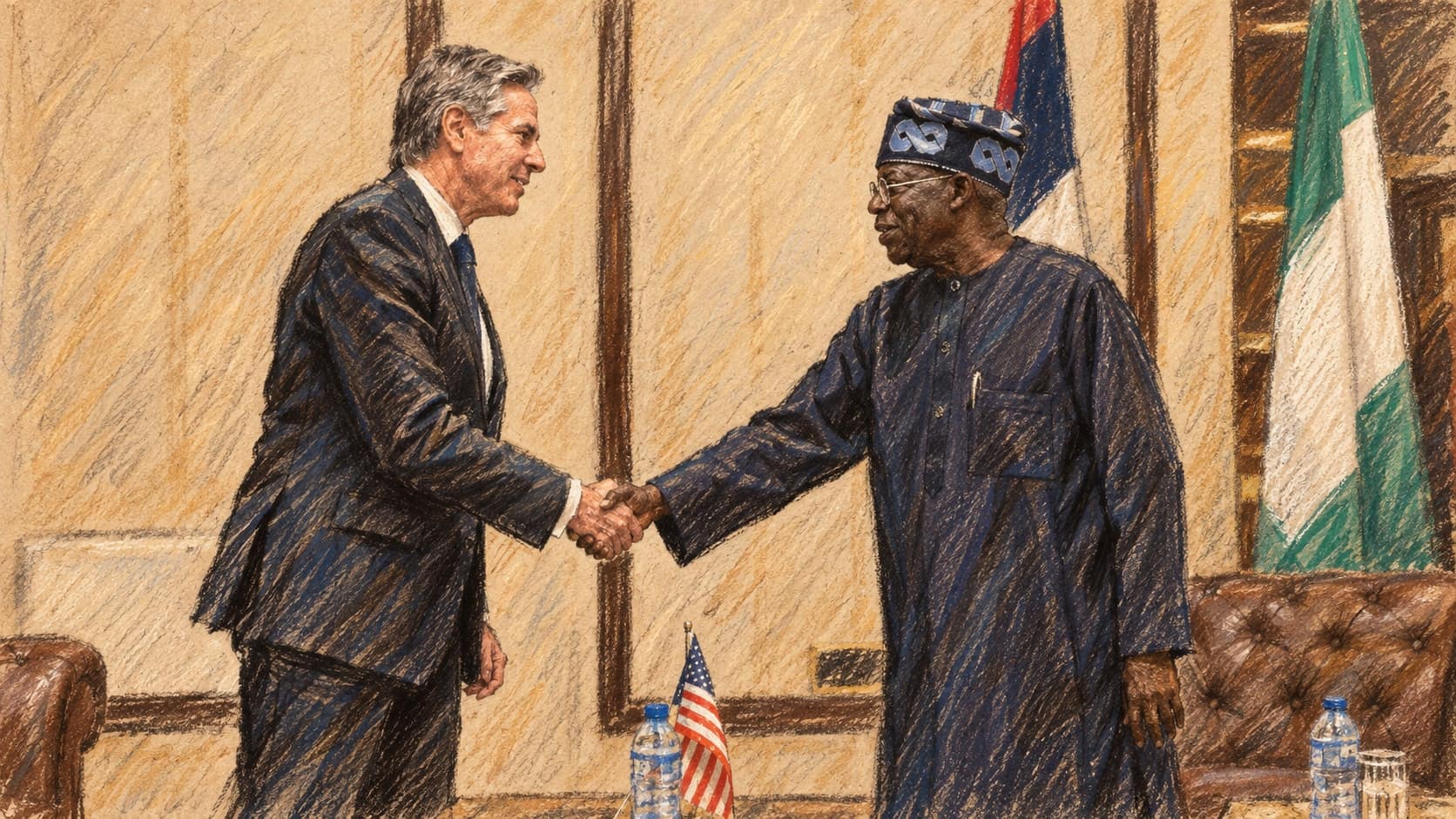 Courtroom-sketch editorial illustration of Bola Tinubu at right shaking hands with Antony Blinken in Abuja in January 2024, an archival contextual scene rather than the budget amendment signing, rendered in warm ochre and slate-blue pastel strokes.