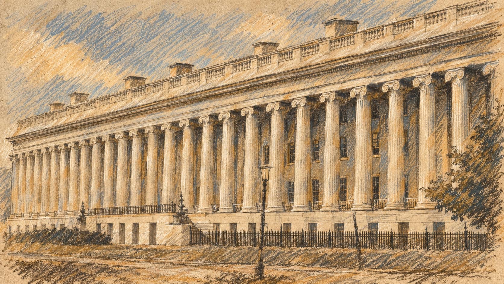 Courtroom-sketch editorial illustration of the U.S. Treasury colonnade in an archival 1857 photograph; historical institutional context, not the September 2026 sanctions announcement, rendered in warm ochre and slate-blue pastel strokes.