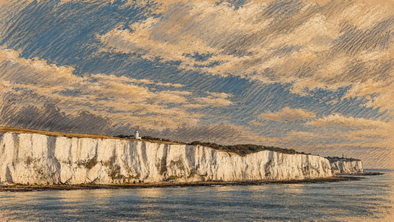 Courtroom-sketch editorial illustration of an archival 2019 view of the White Cliffs of Dover and English Channel waters, with a lighthouse on the ridge; geographic context, not a depiction of current migrants or UK-France withdrawal discussions, rendered in warm ochre and slate-blue pastel strokes.