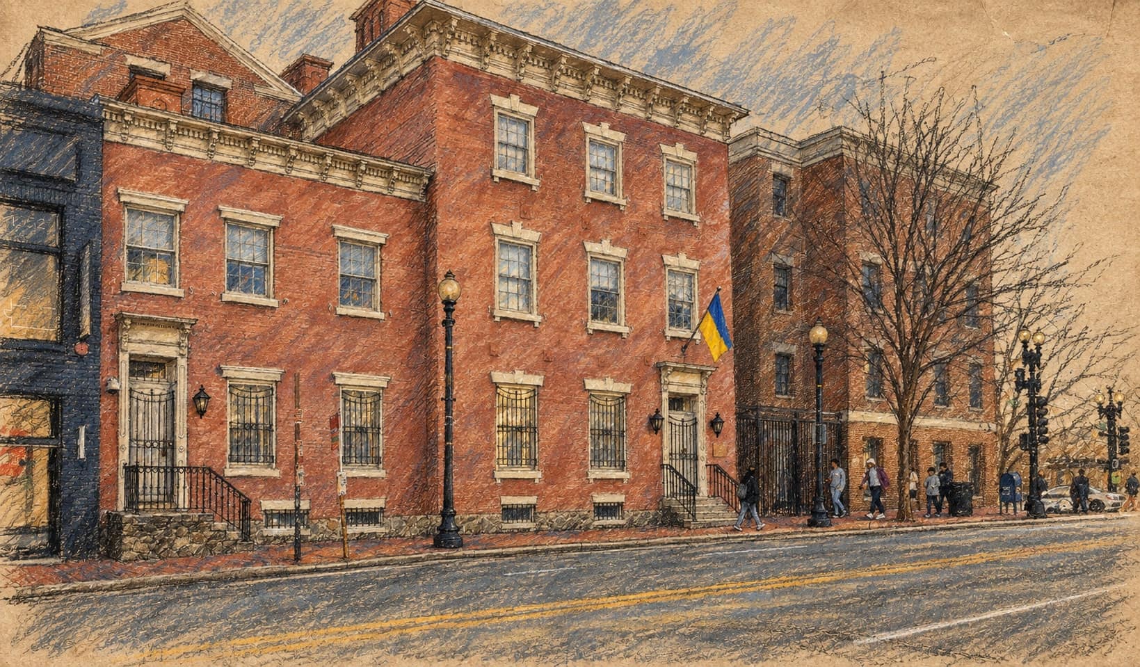 Courtroom-sketch editorial illustration of an archival 2018 exterior view of Ukraine's embassy at Forrest-Marbury House in Washington, with its Ukrainian flag, neighboring buildings and sidewalk; diplomatic context, not the September 2026 briefing or Russia's satellite network, rendered in warm ochre and slate-blue pastel strokes.