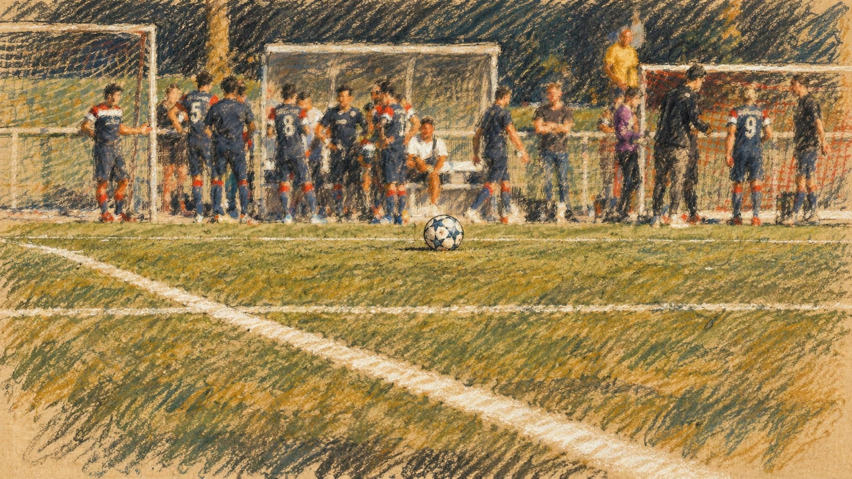 Courtroom-sketch editorial illustration of a soccer ball on a field with players gathered by small goals in a separate practice scene, used as contextual art rather than a depiction of the U.S.–Chile match, rendered in warm ochre and slate-blue pastel strokes.