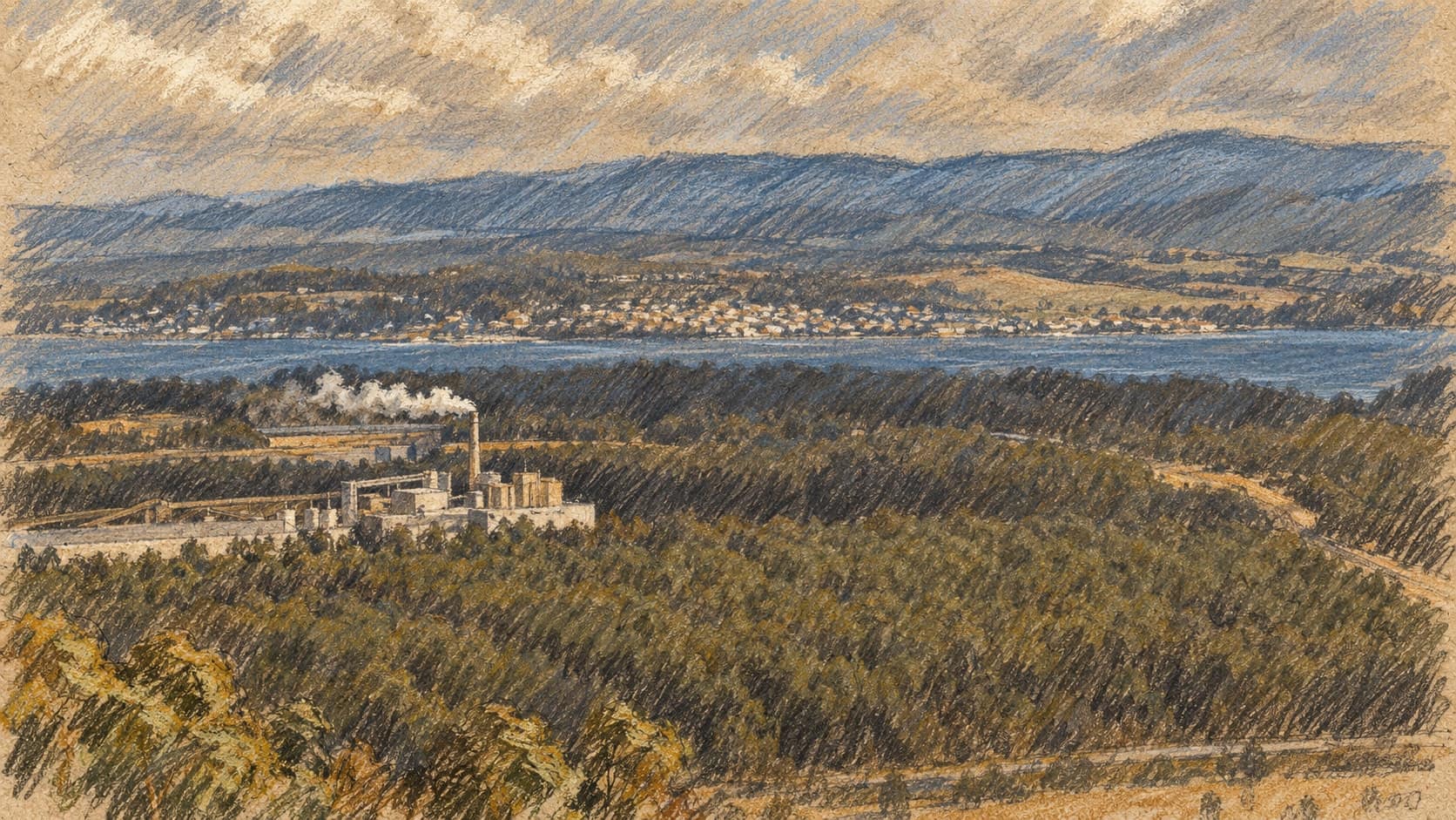 Courtroom-sketch editorial illustration of an archival view of the Bell Bay industrial area in Tasmania from Mt George, with factory buildings amid woodland, a bay and distant hills, rendered in warm ochre and slate-blue pastel strokes; geographic context rather than a depiction of the 2026 agreement.
