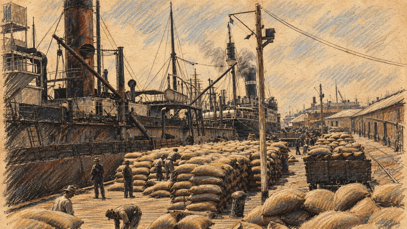Courtroom-sketch editorial illustration of wheat sacks, workers and steamships at Queen’s Wharf, Port Adelaide, from an archival 1920 photograph; historical commodity-export context, not the September 2026 price release, rendered in warm ochre and slate-blue pastel strokes.