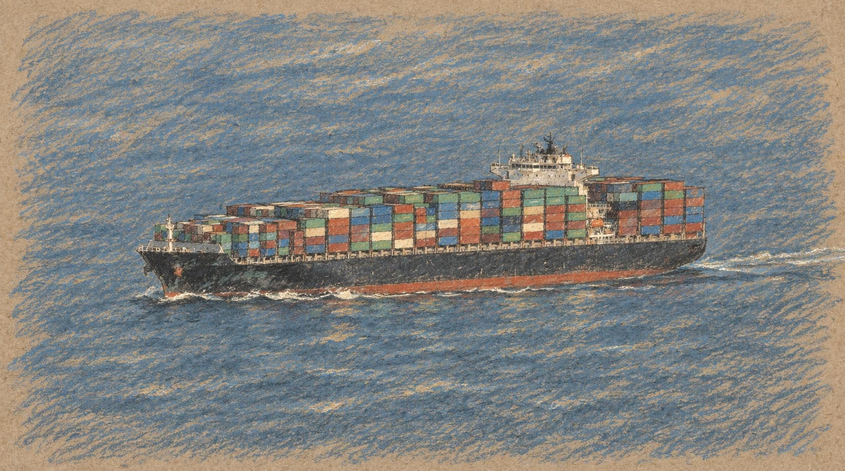 Courtroom-sketch editorial illustration of the container ship Kota Santos on open water, based on an archival June 2024 photograph from Brazil; maritime-trade context, not the October 2026 agreement or a Brazil–Iceland shipment, rendered in warm ochre and slate-blue pastel strokes.