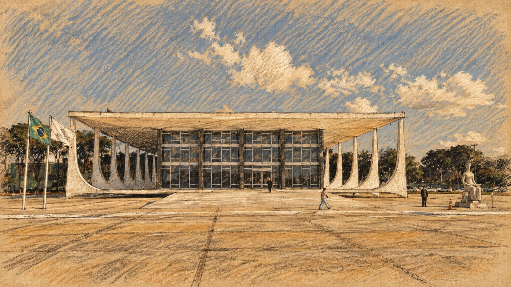 Courtroom-sketch editorial illustration of Brazil’s Supreme Federal Court building in Brasília, with curved white columns, a paved plaza, flagpoles and a justice sculpture, based on an archival May 2012 photograph; institutional context rather than a depiction of the October 2026 funding allegations or investigation request, rendered in warm ochre and slate-blue pastel strokes.