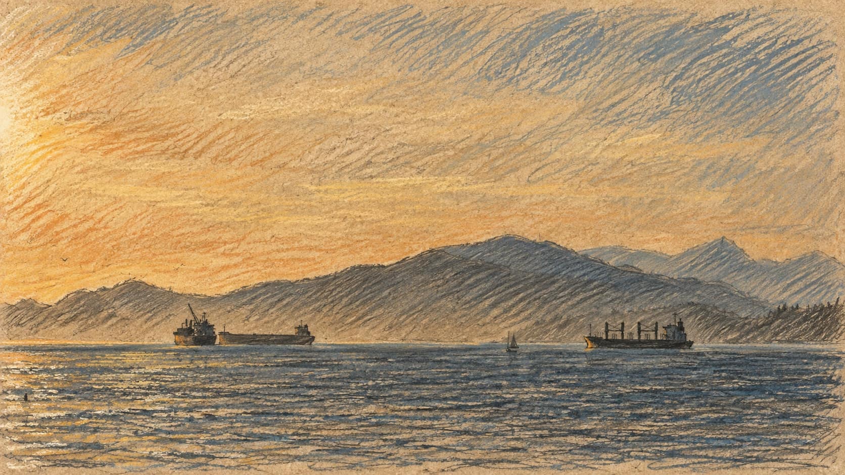 Courtroom-sketch editorial illustration of two cargo vessels on Burrard Inlet near Vancouver beneath layered mountains, based on an archival August 2024 photograph; maritime-export and geographic context, not a depiction of Pacific Link, its proposed Delta port or a new oil shipment, rendered in warm ochre and slate-blue pastel strokes.