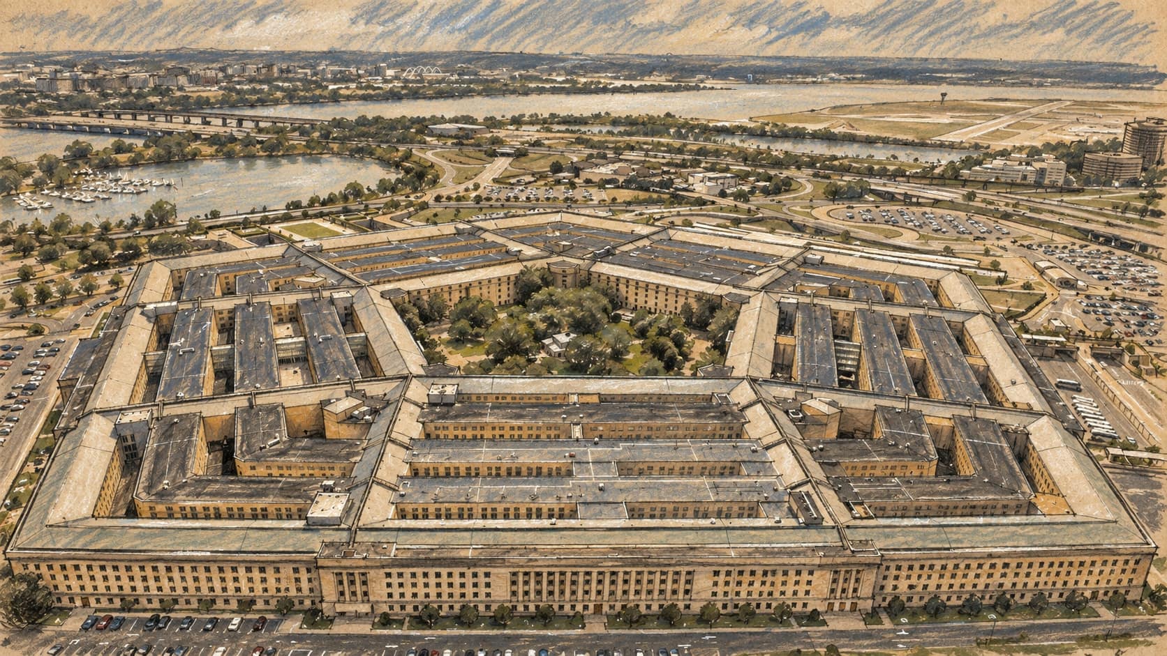 Courtroom-sketch editorial illustration of an oblique aerial view of the Pentagon and its green central courtyard, with roads, parking areas, river and airport beyond, based on an archival May 2021 photograph; institutional context rather than a depiction of the October 2026 lawsuit or a court hearing, rendered in warm ochre and slate-blue pastel strokes.