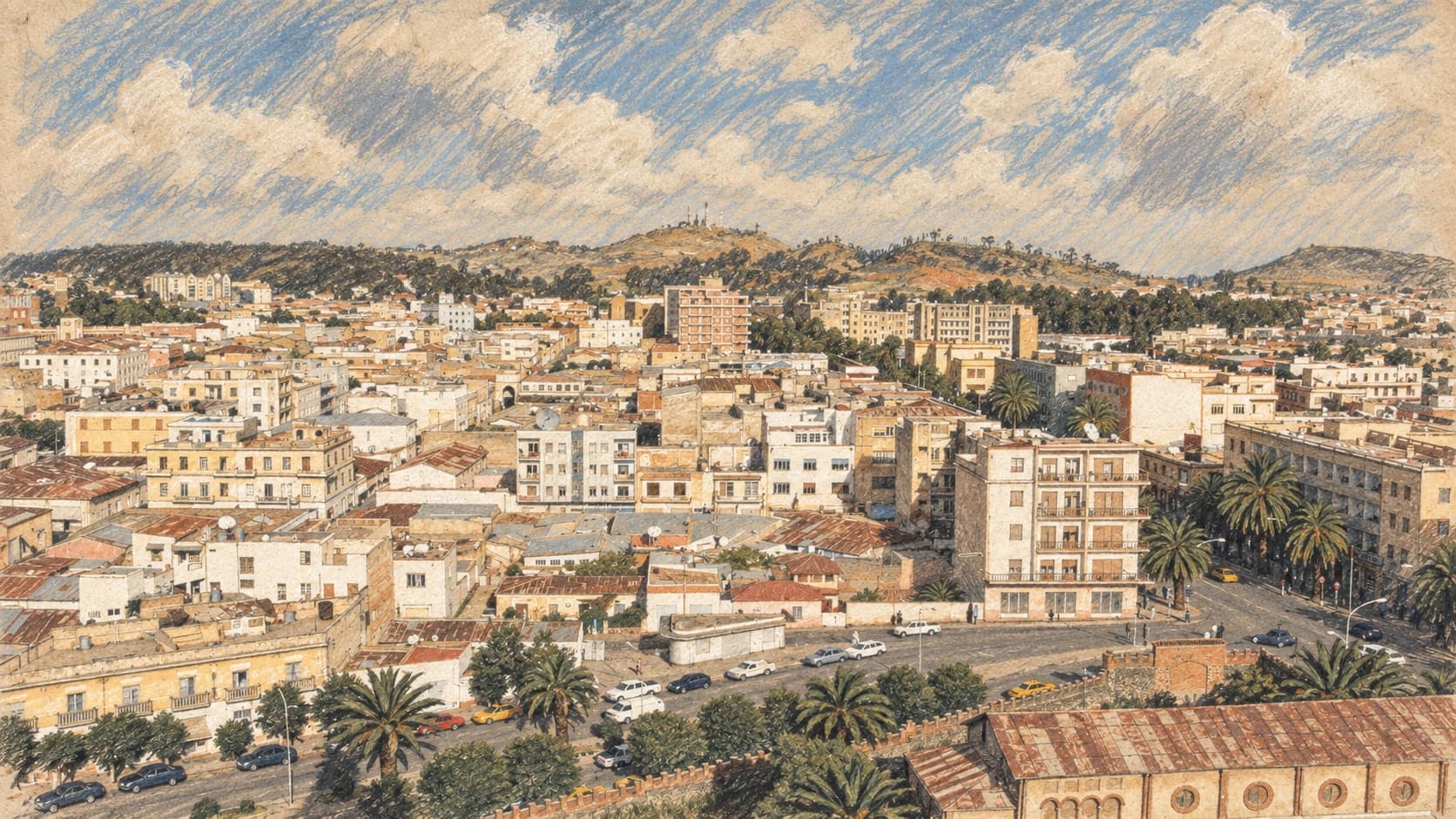 Courtroom-sketch editorial illustration of an archival 2011 panorama of Asmara with city blocks, palm-lined roads and distant hills, providing location context for the diplomatic dispute rather than depicting the October 2026 events, rendered in warm ochre and slate-blue pastel strokes.