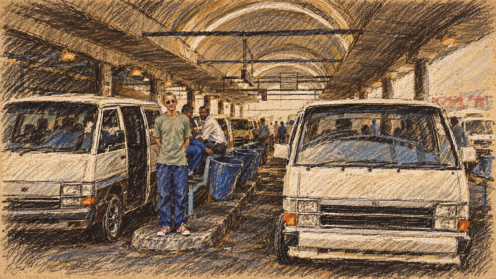Courtroom-sketch editorial illustration of two white minibuses and two men beneath the arched roof of a Cape Town taxi rank, based on a 2001 archival photograph associated with Mitchells Plain; geographic context, not a depiction of the October 2026 Lentegeur shooting, its victims or suspects, rendered in warm ochre and slate-blue pastel strokes.