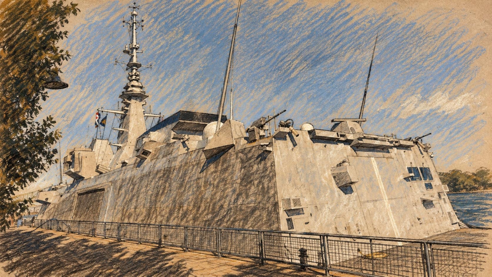 Courtroom-sketch editorial illustration of the French multimission frigate Languedoc moored beside a waterfront walkway in Montreal in 2016, viewed from its stern quarter with an angular gray hull, tall antenna mast, railing and trees; archival French-naval context, not a depiction of the October 2026 Bab el-Mandeb escorts, rendered in warm ochre and slate-blue pastel strokes.