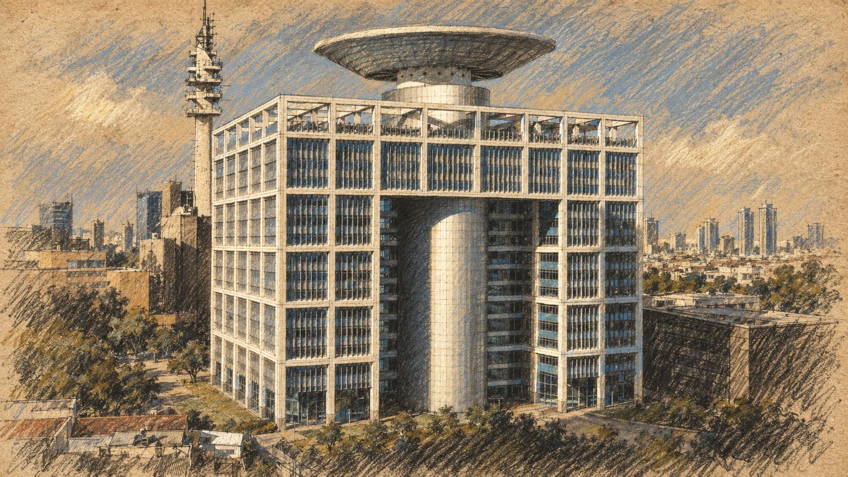 Courtroom-sketch editorial illustration of an archival 2009 exterior view of Matcal Tower in Tel Aviv, housing Israel's Ministry of Defence and IDF General Staff, with its circular rooftop canopy and communications mast; institutional context, not a depiction of the October 2026 NAZA response or Gaza targeting decisions, rendered in warm ochre and slate-blue pastel strokes.