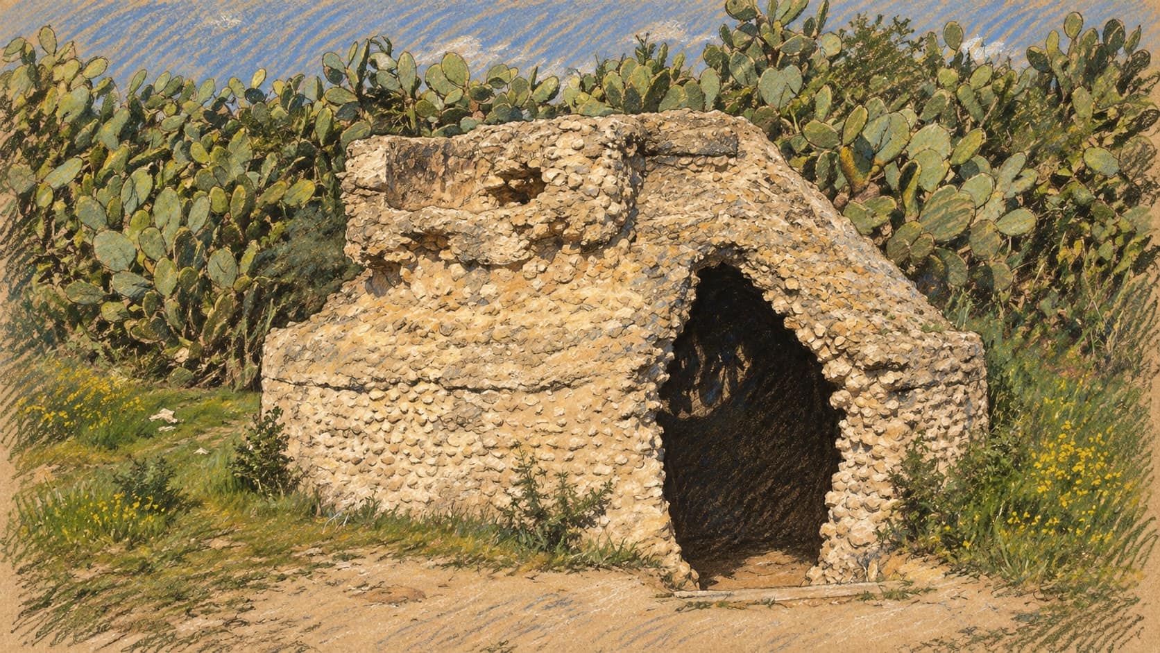 Courtroom-sketch editorial illustration of a pale-stone Byzantine water cistern surrounded by cactus in Be’eri Forest, based on an archival February 2010 photograph; geographic context, not a depiction of the kibbutz attack or the September 2026 Gaza strikes, rendered in warm ochre and slate-blue pastel strokes.