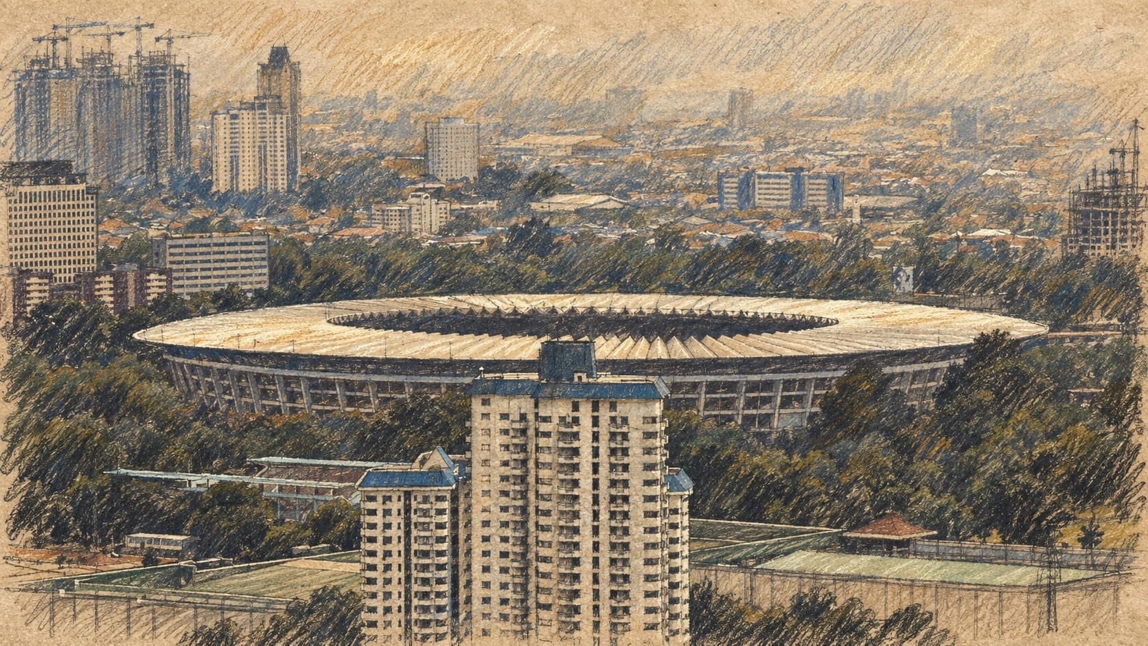 Courtroom-sketch editorial illustration of an archival March 2005 elevated view of Gelora Bung Karno stadium surrounded by trees and tower blocks in Jakarta, providing location context rather than depicting the October 2026 match, rendered in warm ochre and slate-blue pastel strokes.